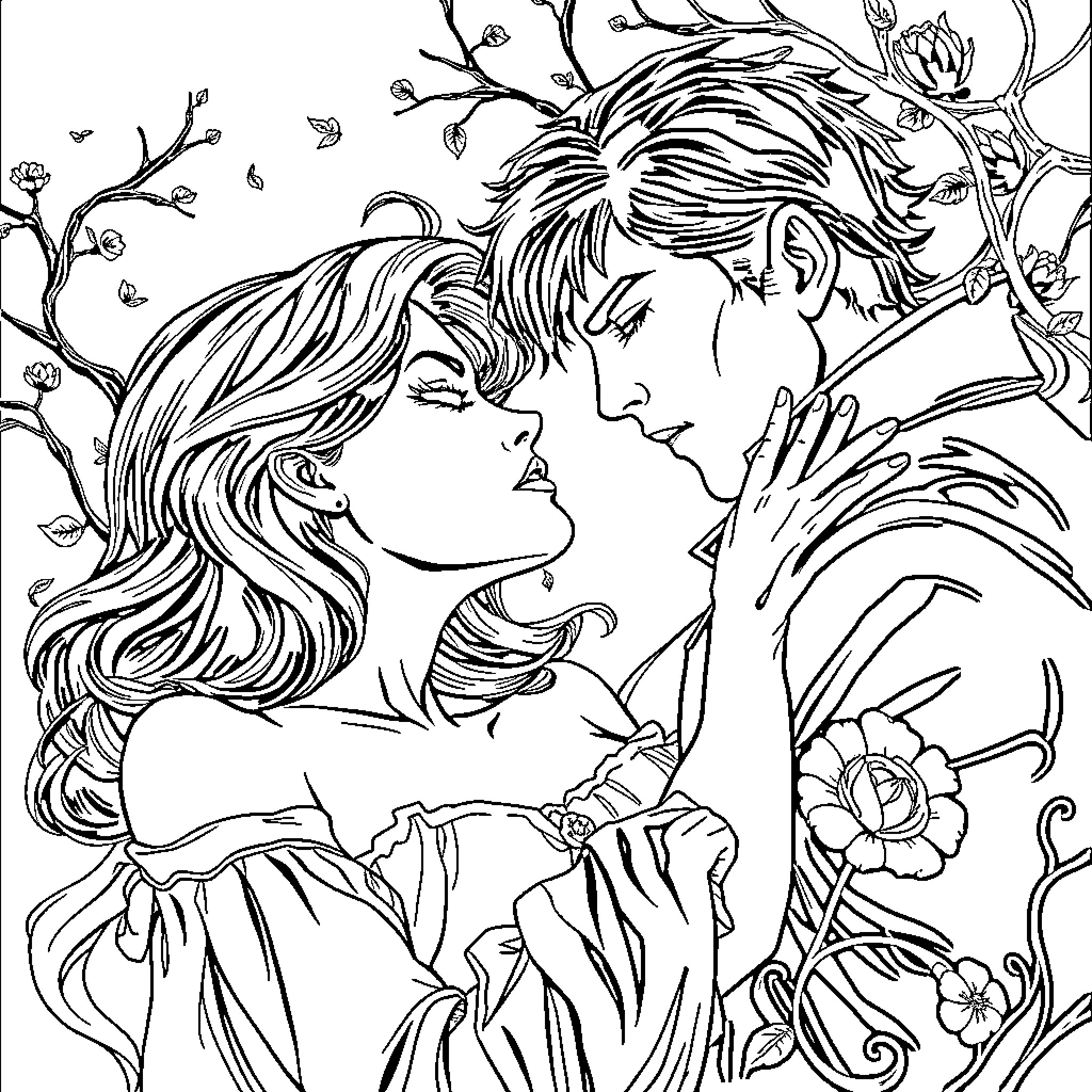 Romance of Tender Lovers Embracing in Floral Garden Coloring Page (free black-and-white line drawing printable PDF for all, from beginners to advanced learners, including children, teens, adults, and seniors)