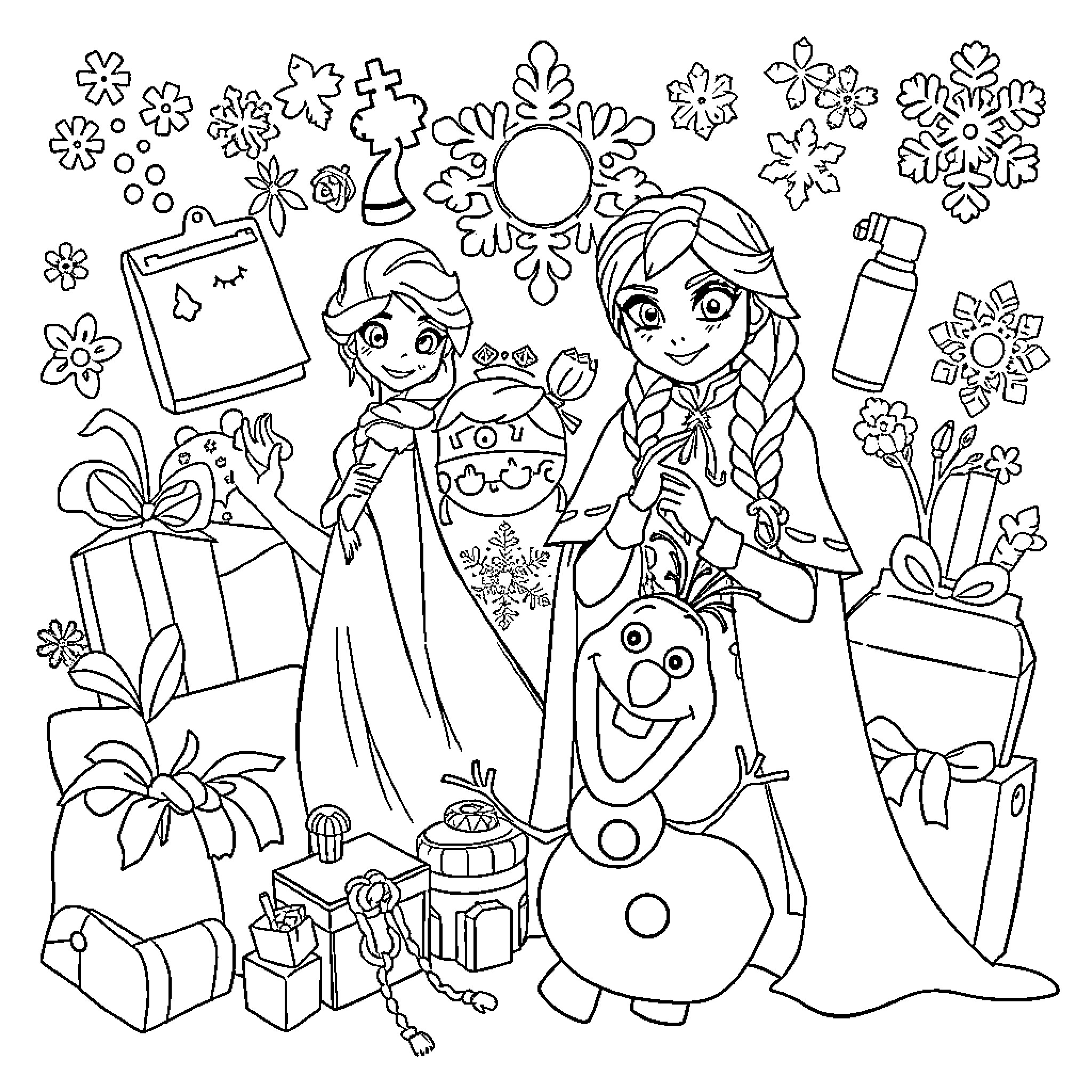 Frozen Characters in Winter Wonderland Coloring Page (free black-and-white line drawing printable PDF for all, from beginners to advanced learners, including children, teens, adults, and seniors)