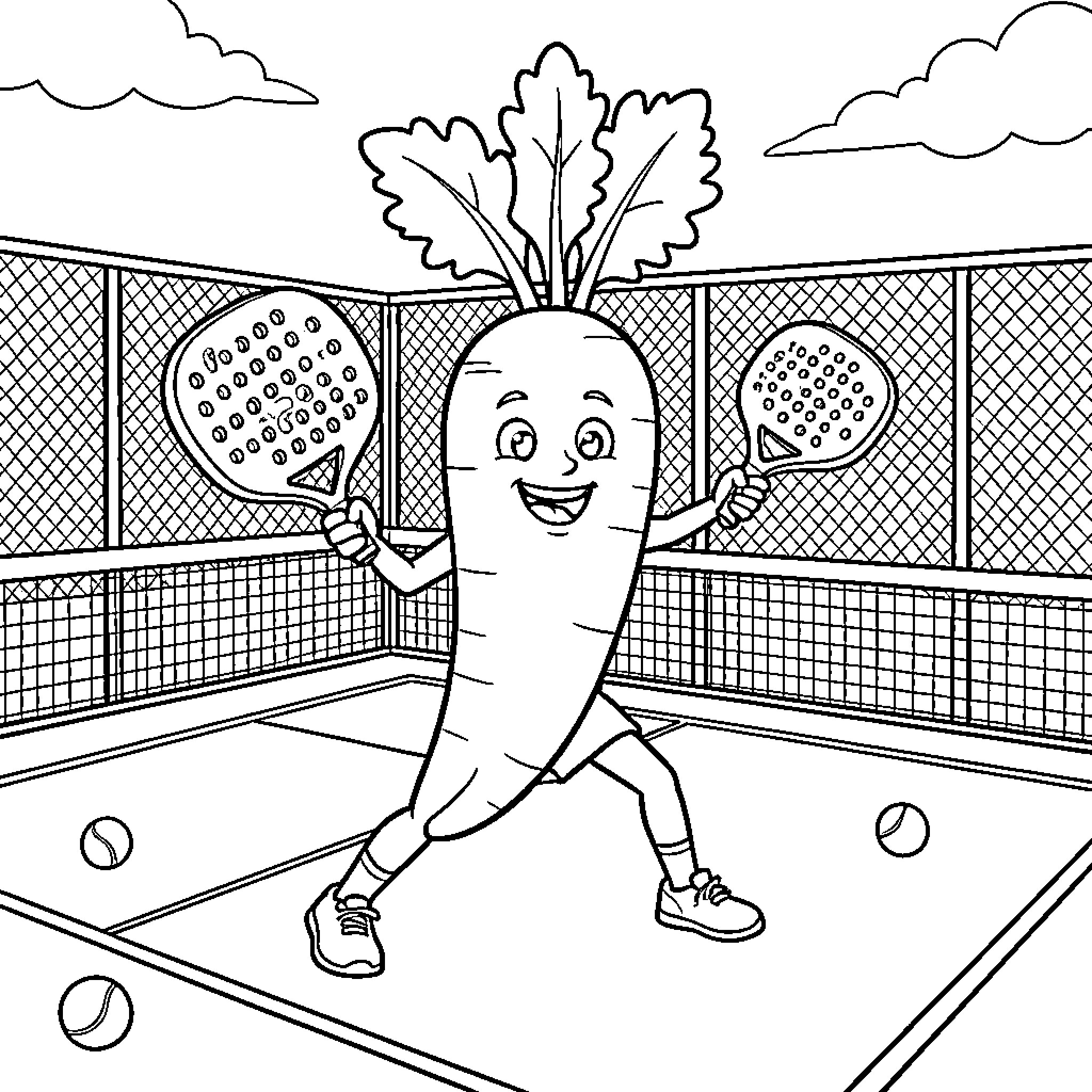Zanahoria playing tennis on the court Coloring Page (free black-and-white line drawing printable PDF for all, from beginners to advanced learners, including children, teens, adults, and seniors)
