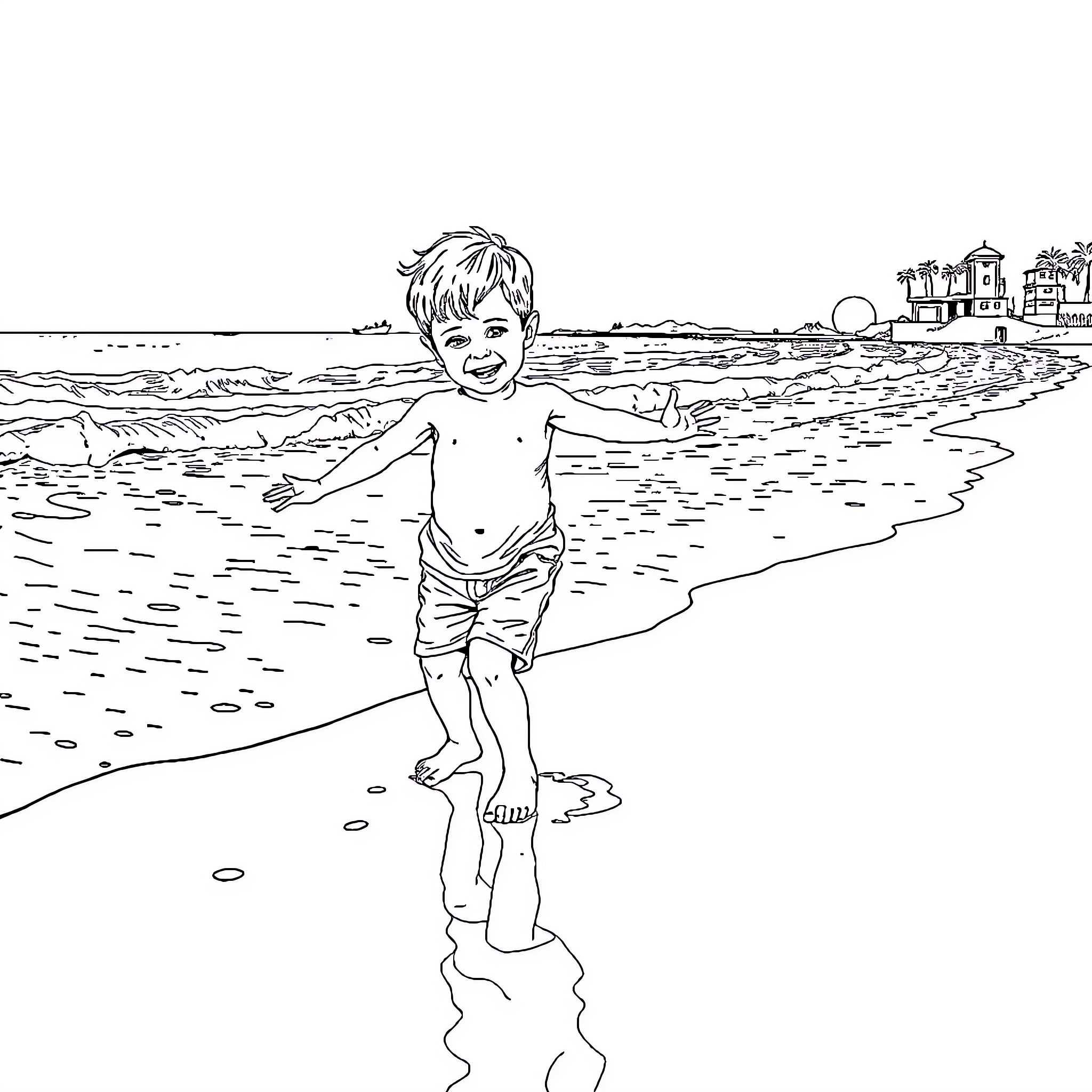 Niño playing joyfully at the beach Coloring Page (free black-and-white line drawing printable PDF for all, from beginners to advanced learners, including children, teens, adults, and seniors)