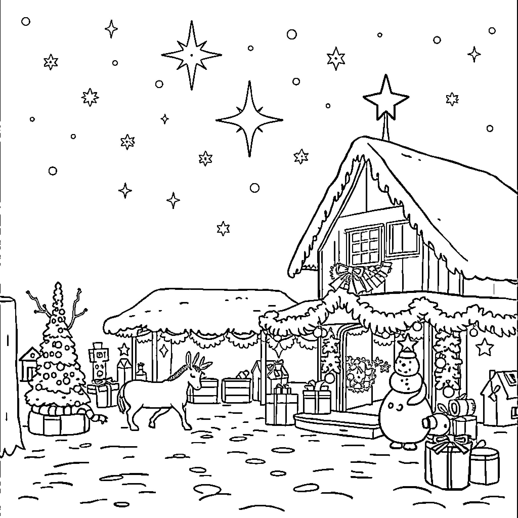 Feria of Winter Wonderland with Festive Decor Coloring Page (free black-and-white line drawing printable PDF for all, from beginners to advanced learners, including children, teens, adults, and seniors)