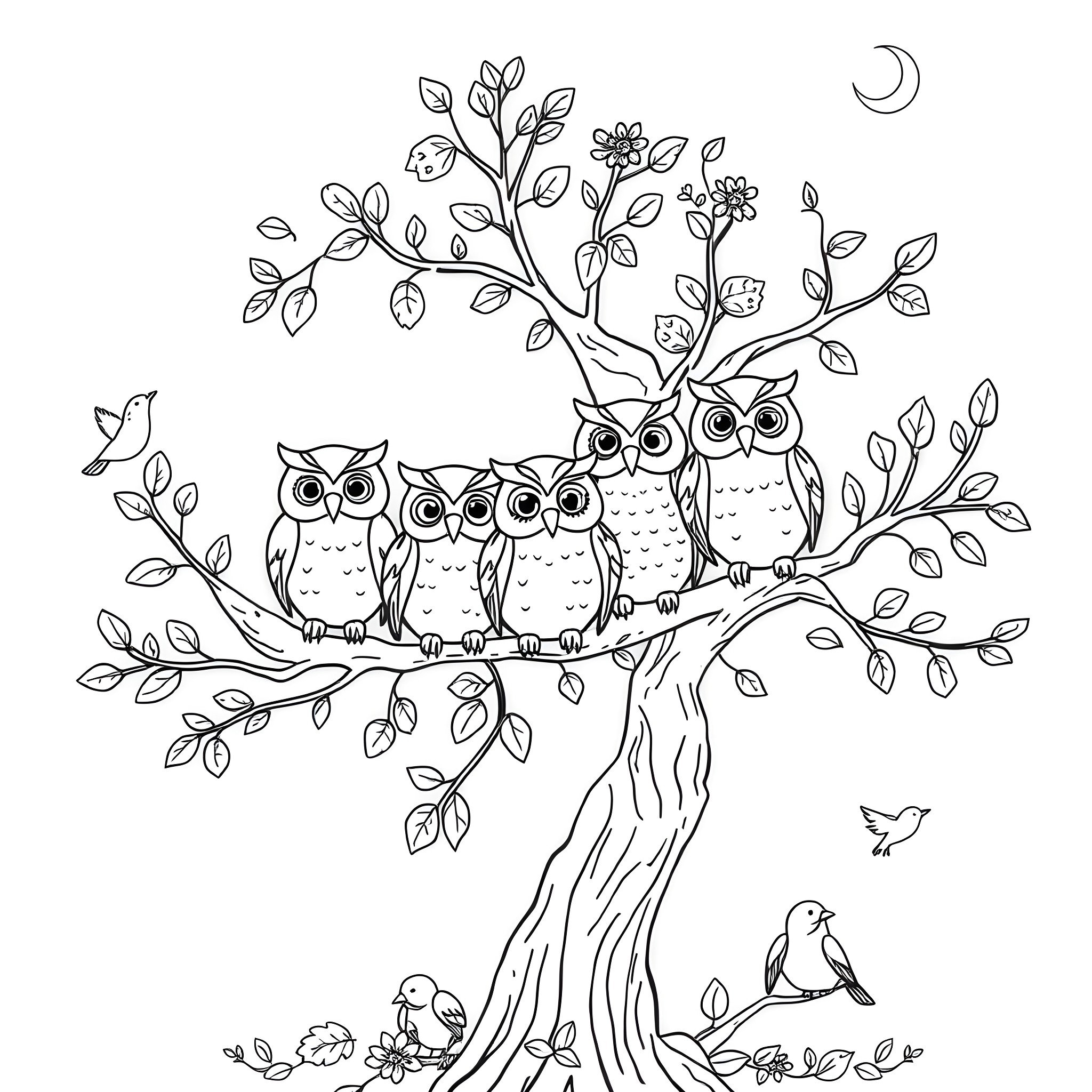 Owl family resting peacefully on a moonlit tree branch Coloring Page (free black-and-white line drawing printable PDF for all, from beginners to advanced learners, including children, teens, adults, and seniors)