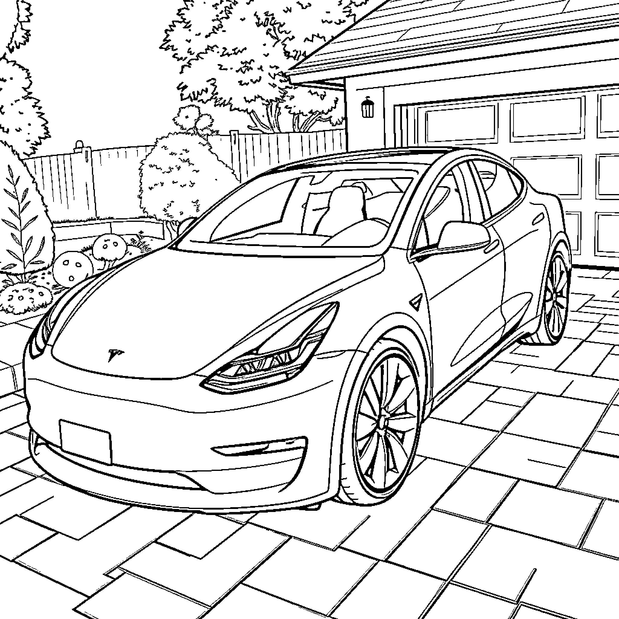 Tesla Model Y Parked in Residential Driveway Coloring Page (free black-and-white line drawing printable PDF for all, from beginners to advanced learners, including children, teens, adults, and seniors)