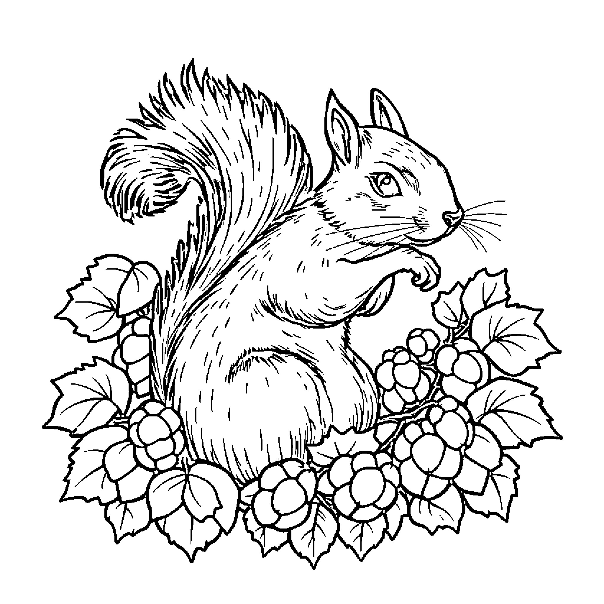 Squirrel collecting acorns and flowers Coloring Page (free black-and-white line drawing printable PDF for all, from beginners to advanced learners, including children, teens, adults, and seniors)