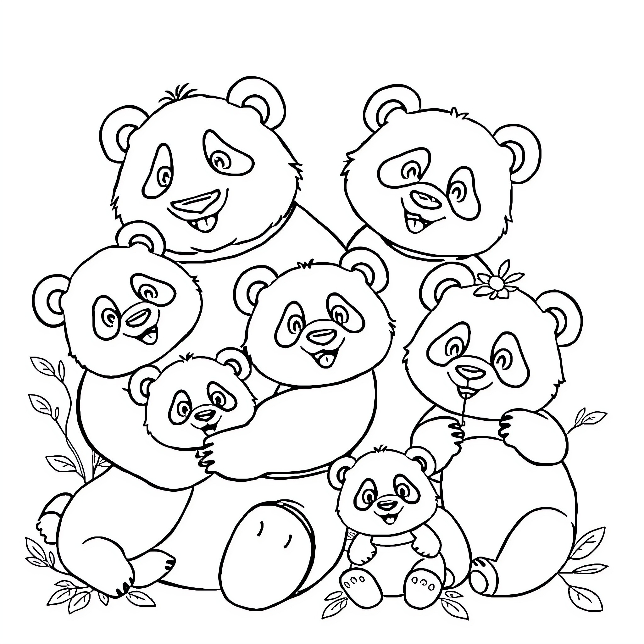Panda family in playful poses Coloring Page (free black-and-white line drawing printable PDF for all, from beginners to advanced learners, including children, teens, adults, and seniors)