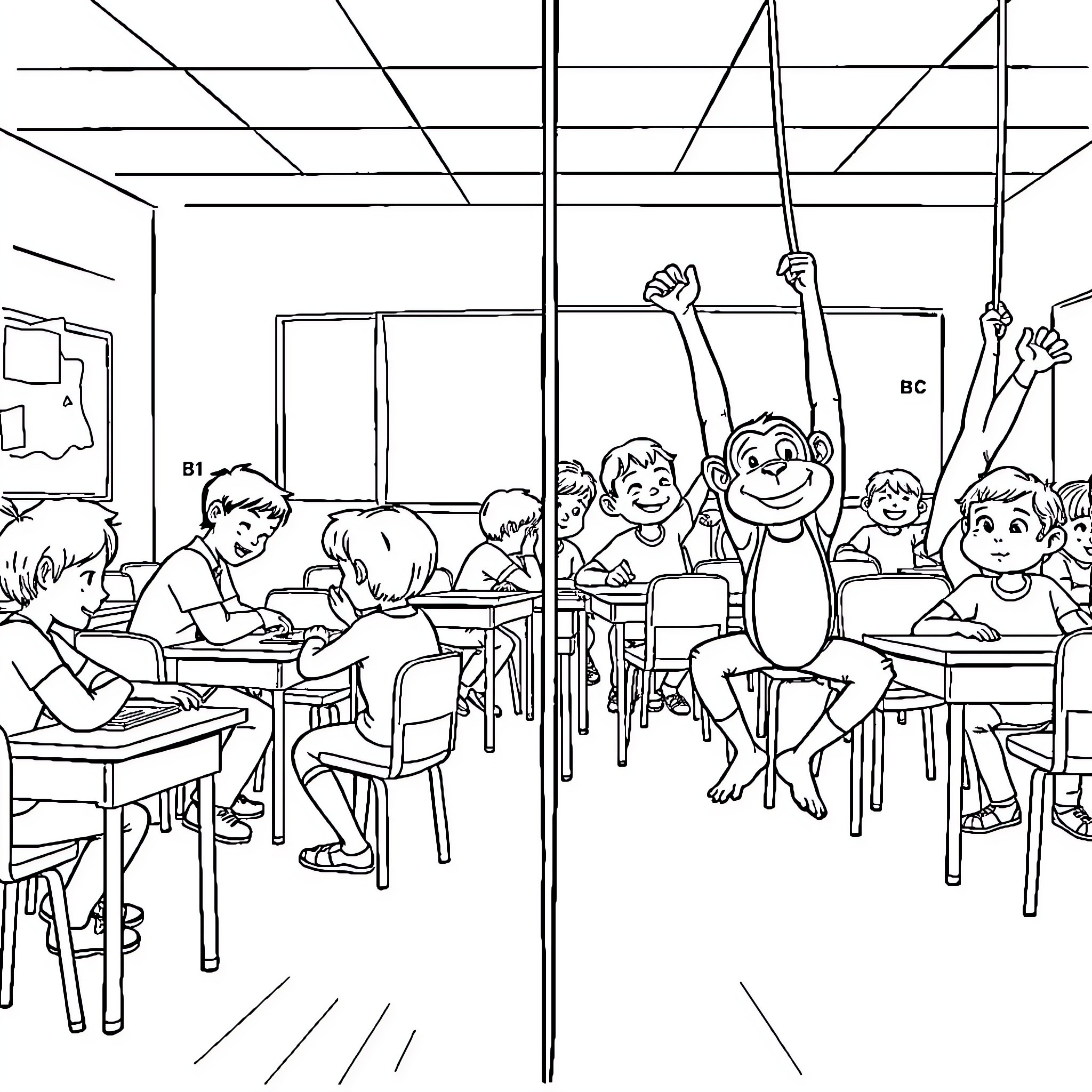 Class Engaged in Various Activities Coloring Page (free black-and-white line drawing printable PDF for all, from beginners to advanced learners, including children, teens, adults, and seniors)