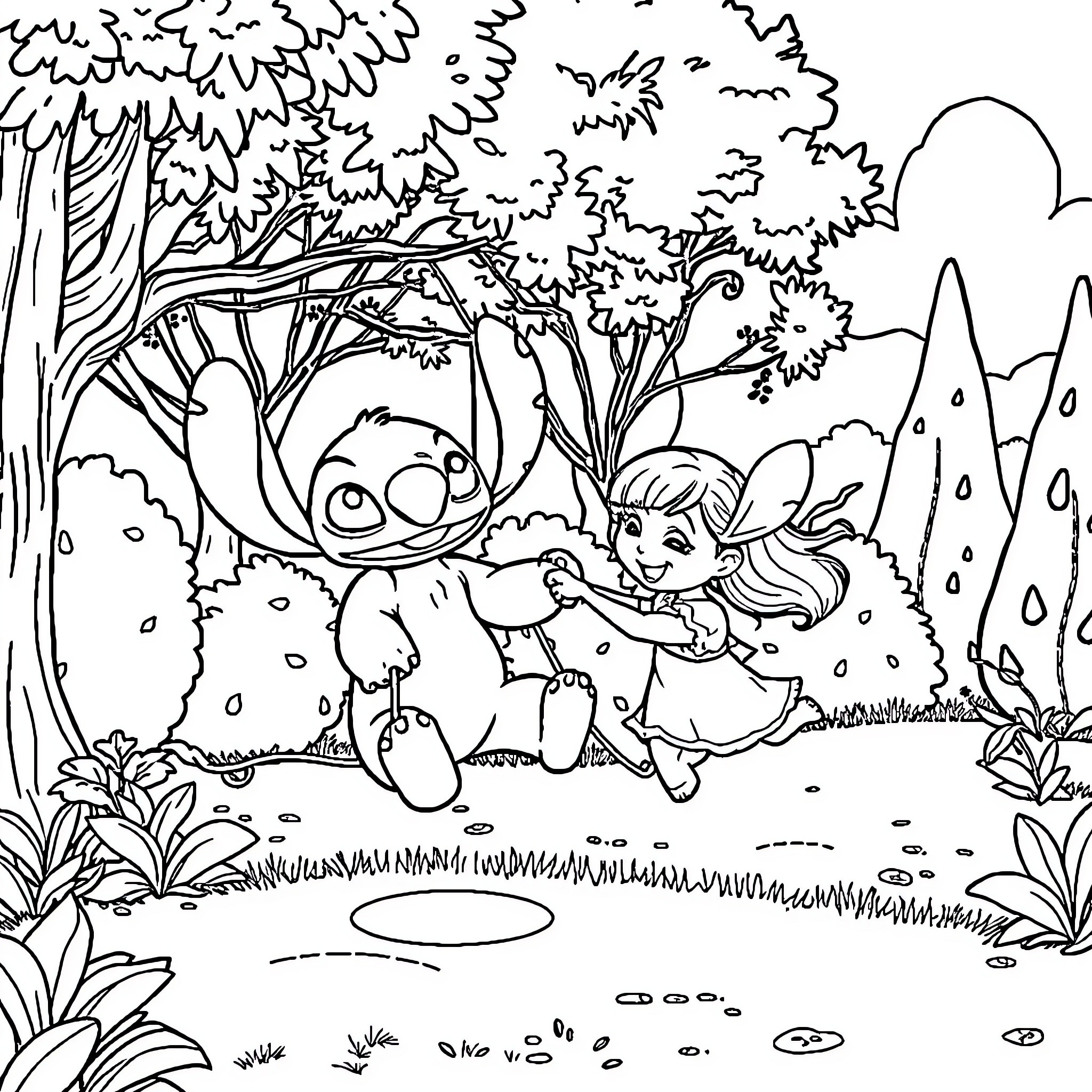 Stitch playing in the enchanted forest Coloring Page (free black-and-white line drawing printable PDF for all, from beginners to advanced learners, including children, teens, adults, and seniors)