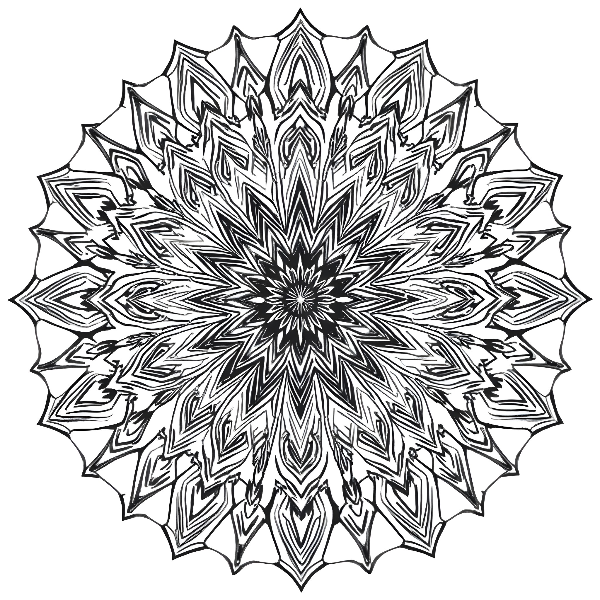 Mandala of intricate geometric patterns Coloring Page (free black-and-white line drawing printable PDF for all, from beginners to advanced learners, including children, teens, adults, and seniors)