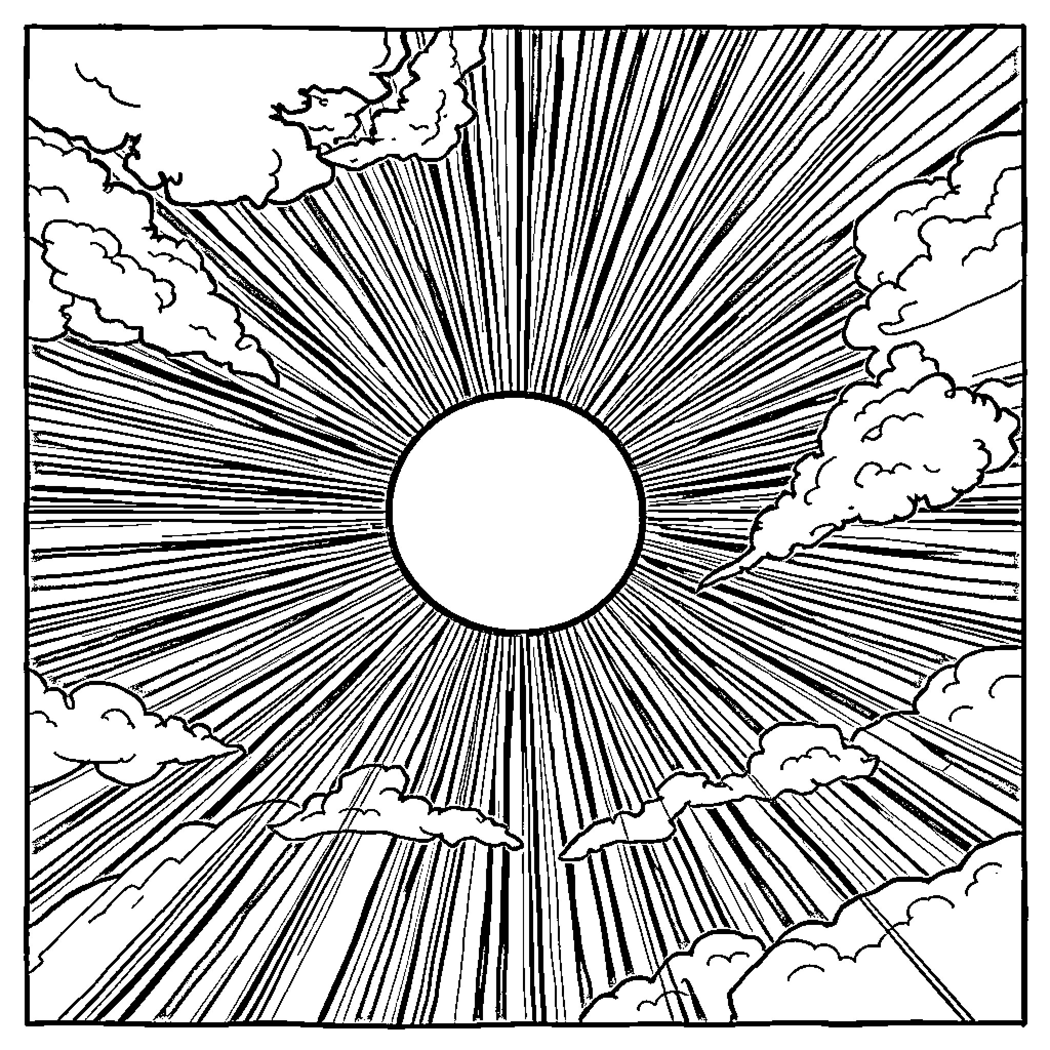 Sun shining brightly through the clouds Coloring Page (free black-and-white line drawing printable PDF for all, from beginners to advanced learners, including children, teens, adults, and seniors)