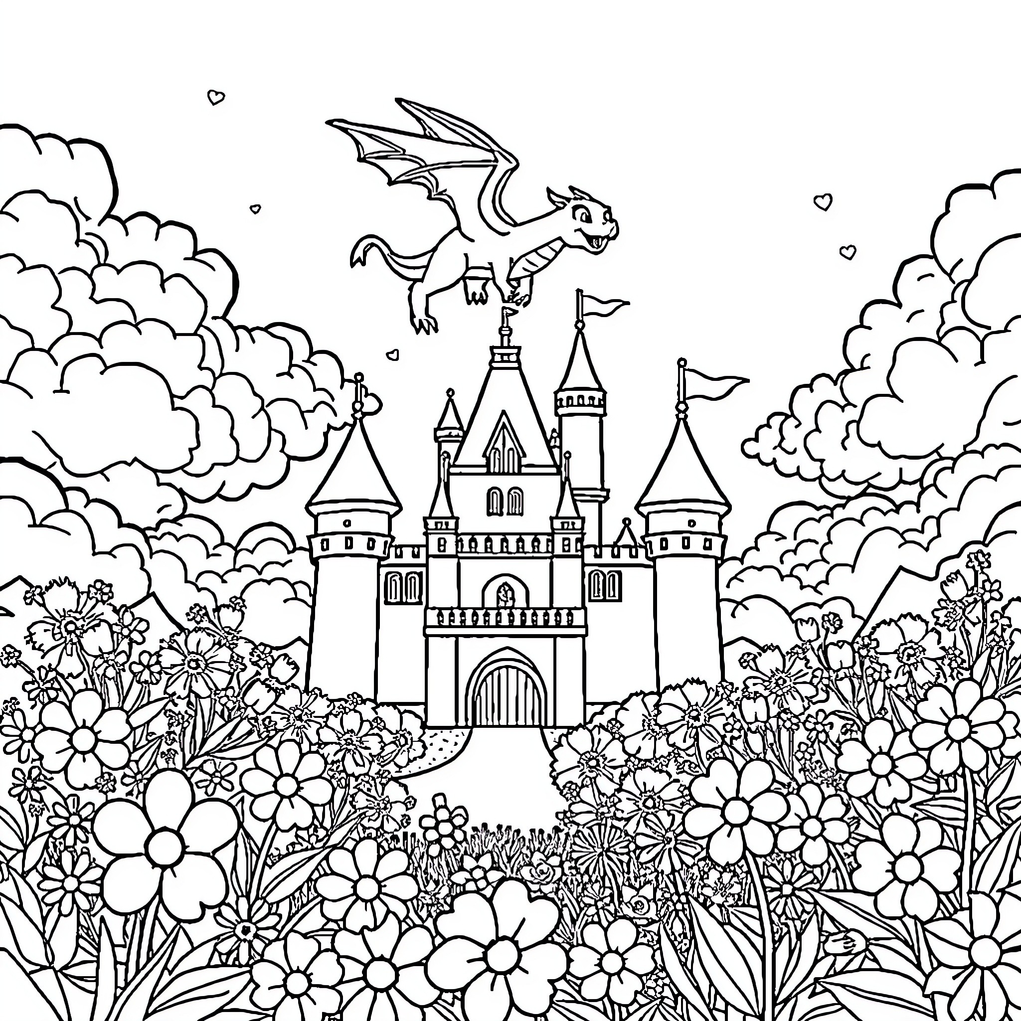 Castle with Dragon Flying Over Flowering Garden Coloring Page (free black-and-white line drawing printable PDF for all, from beginners to advanced learners, including children, teens, adults, and seniors)