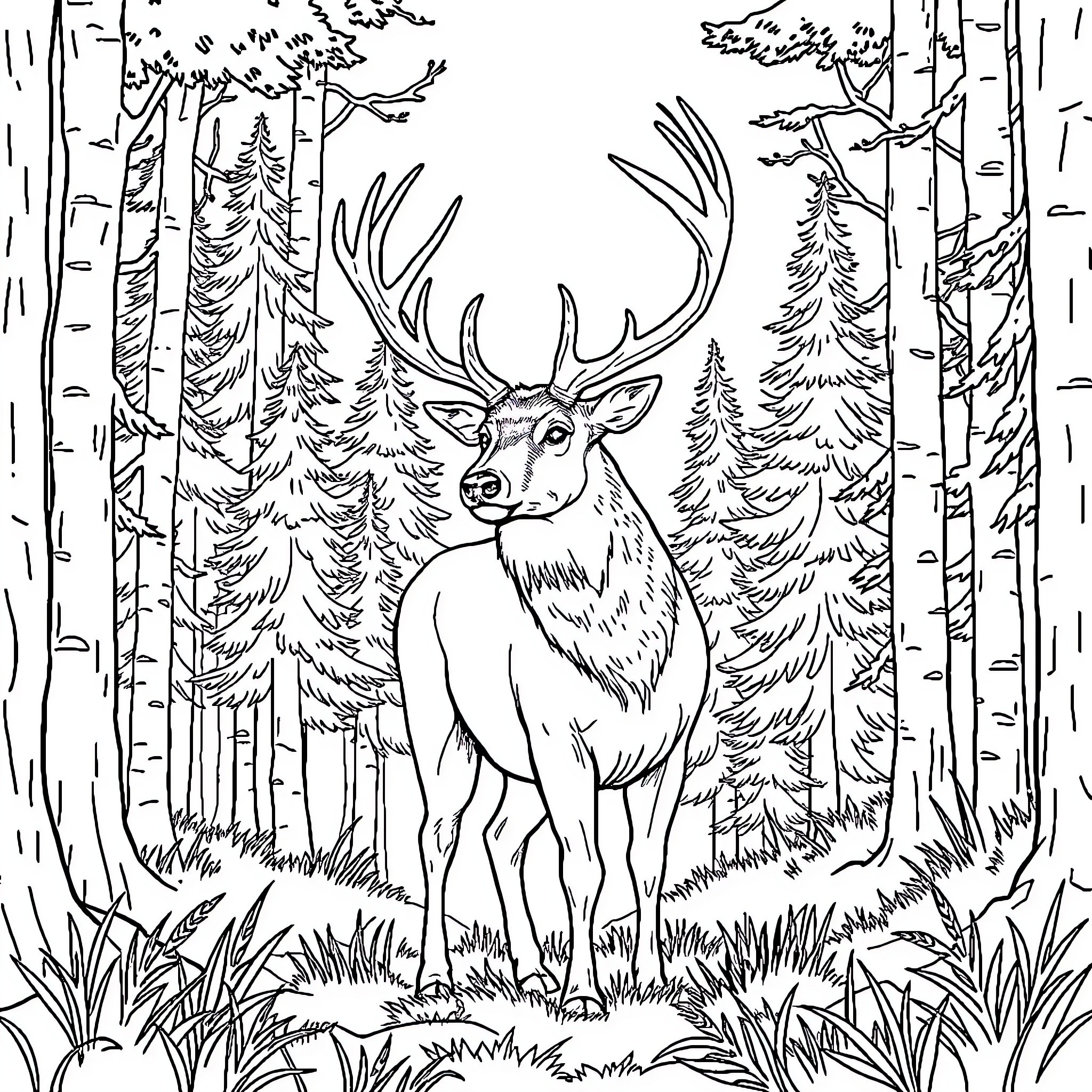 Buck in the tranquil forest Coloring Page (free black-and-white line drawing printable PDF for all, from beginners to advanced learners, including children, teens, adults, and seniors)