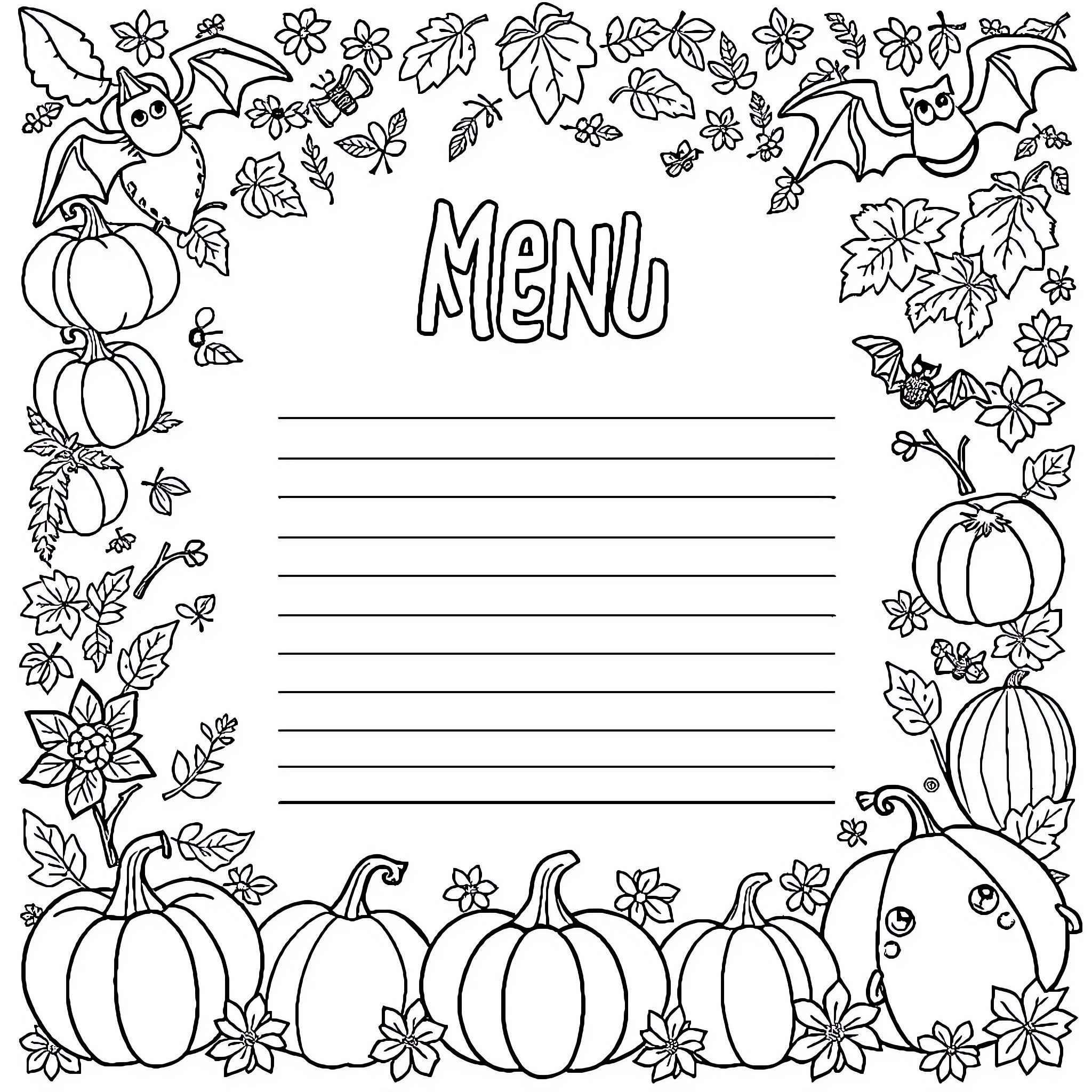 Pumpkin-themed menu with floral decorations Coloring Page (free black-and-white line drawing printable PDF for all, from beginners to advanced learners, including children, teens, adults, and seniors)
