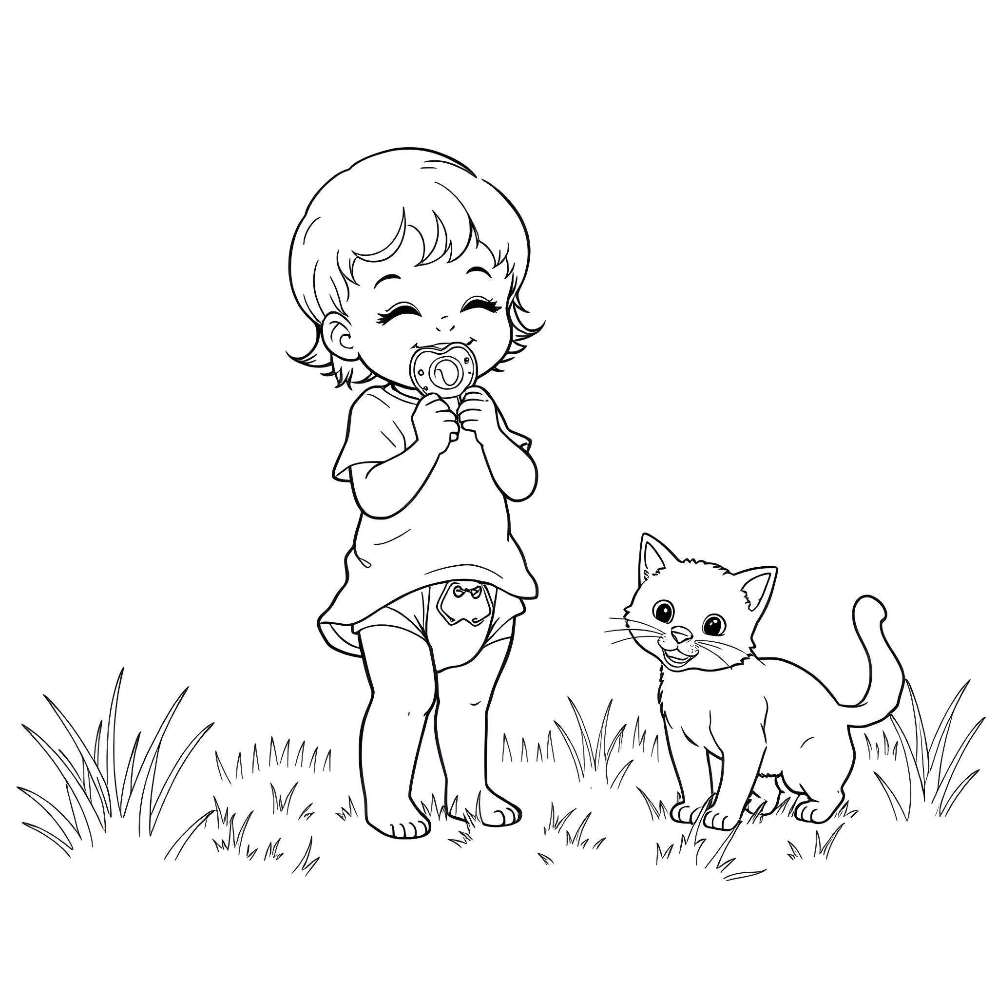 Girl playing with a kitten in the grass Coloring Page (free black-and-white line drawing printable PDF for all, from beginners to advanced learners, including children, teens, adults, and seniors)