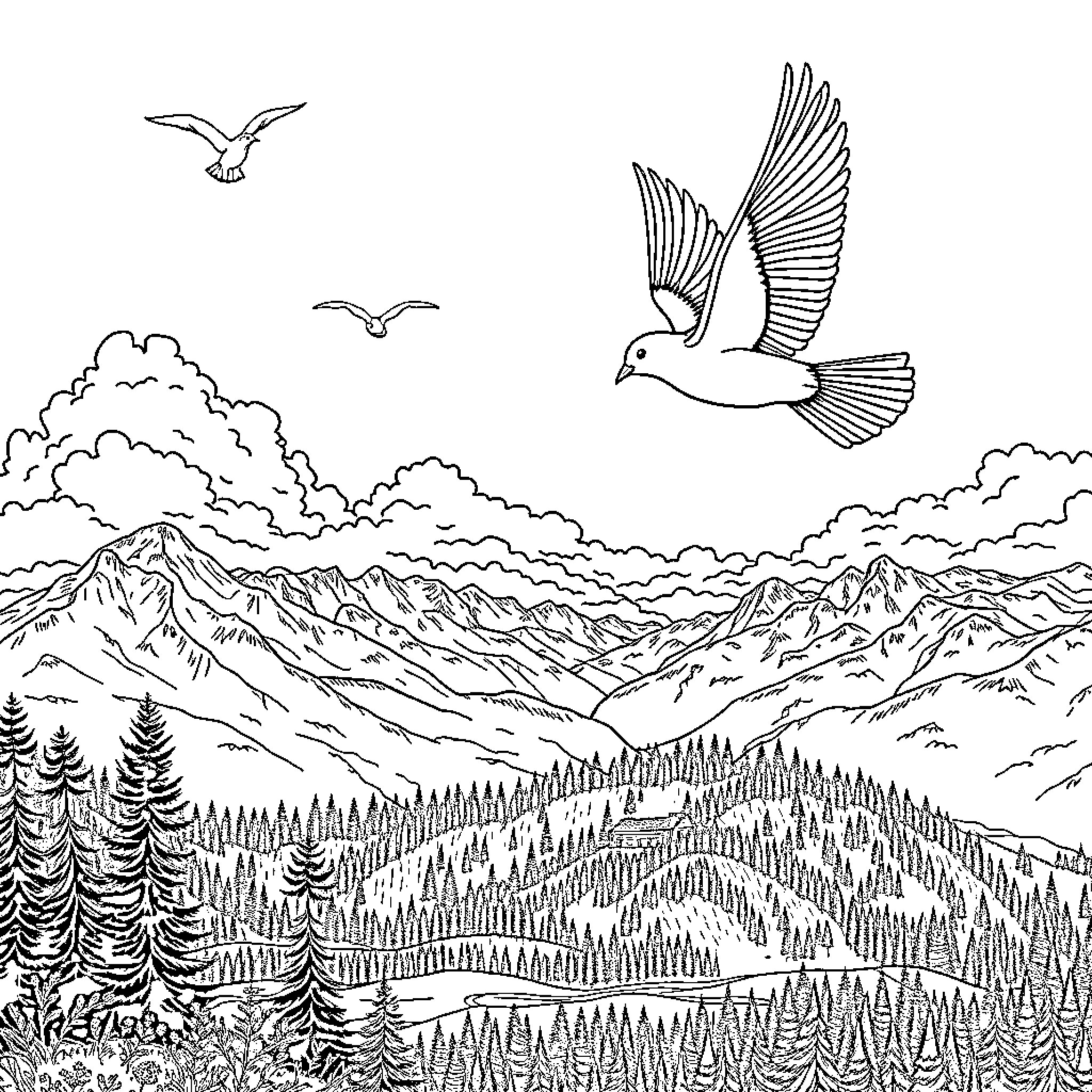 Bird soaring above majestic mountain landscape Coloring Page (free black-and-white line drawing printable PDF for all, from beginners to advanced learners, including children, teens, adults, and seniors)