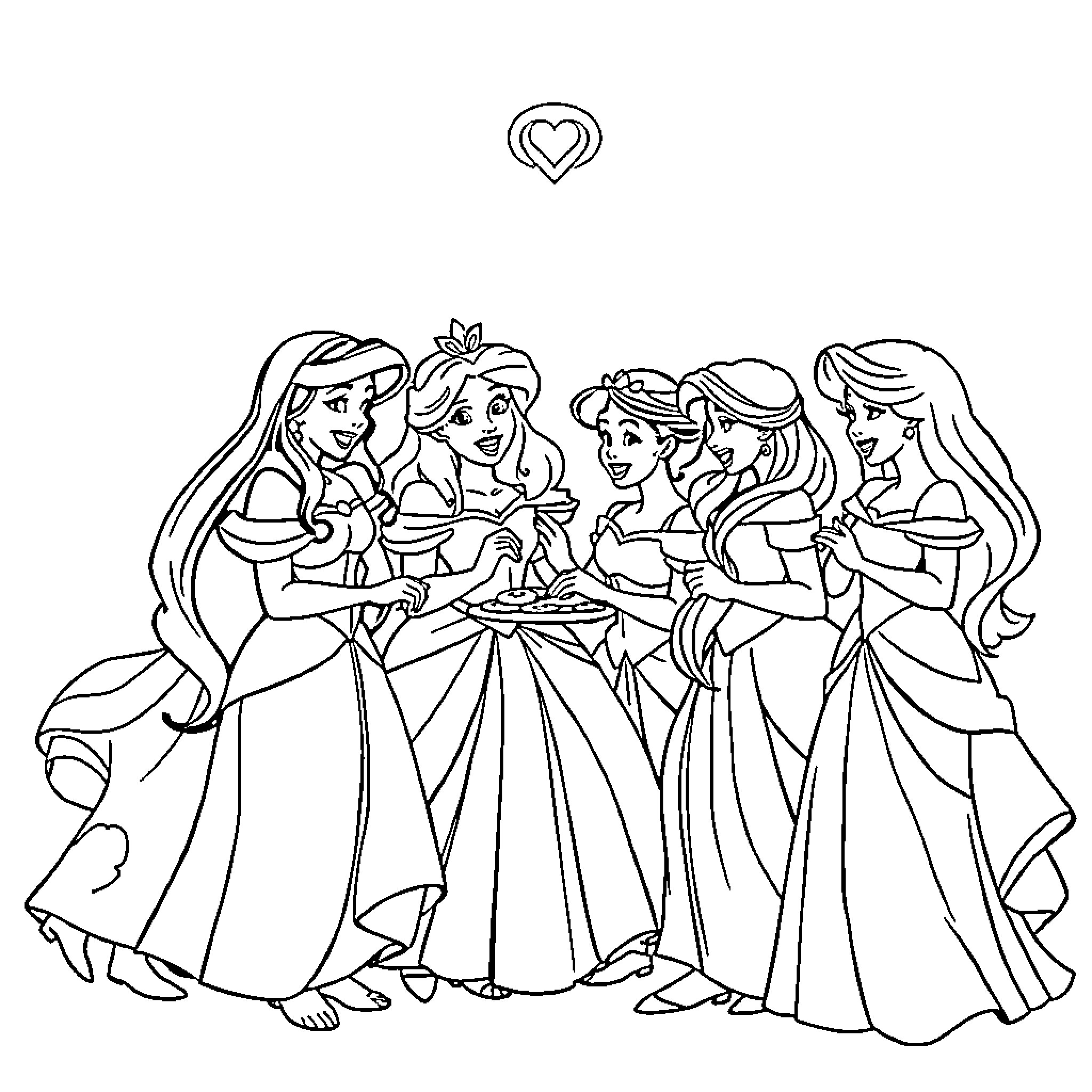 Disney Princesses Celebrating Together in Elegant Dresses Coloring Page (free black-and-white line drawing printable PDF for all, from beginners to advanced learners, including children, teens, adults, and seniors)