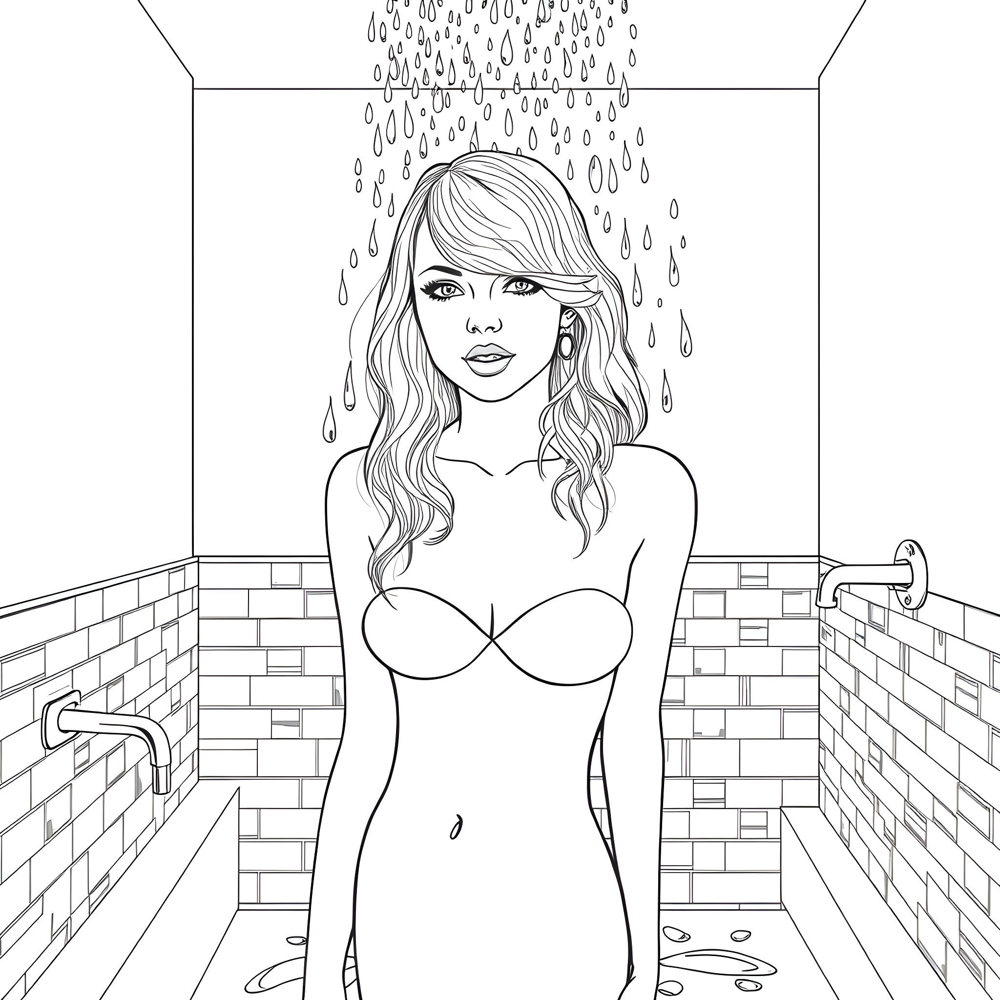 Taylor Swift enjoying a rainy shower scene Coloring Page (free black-and-white line drawing printable PDF for all, from beginners to advanced learners, including children, teens, adults, and seniors)