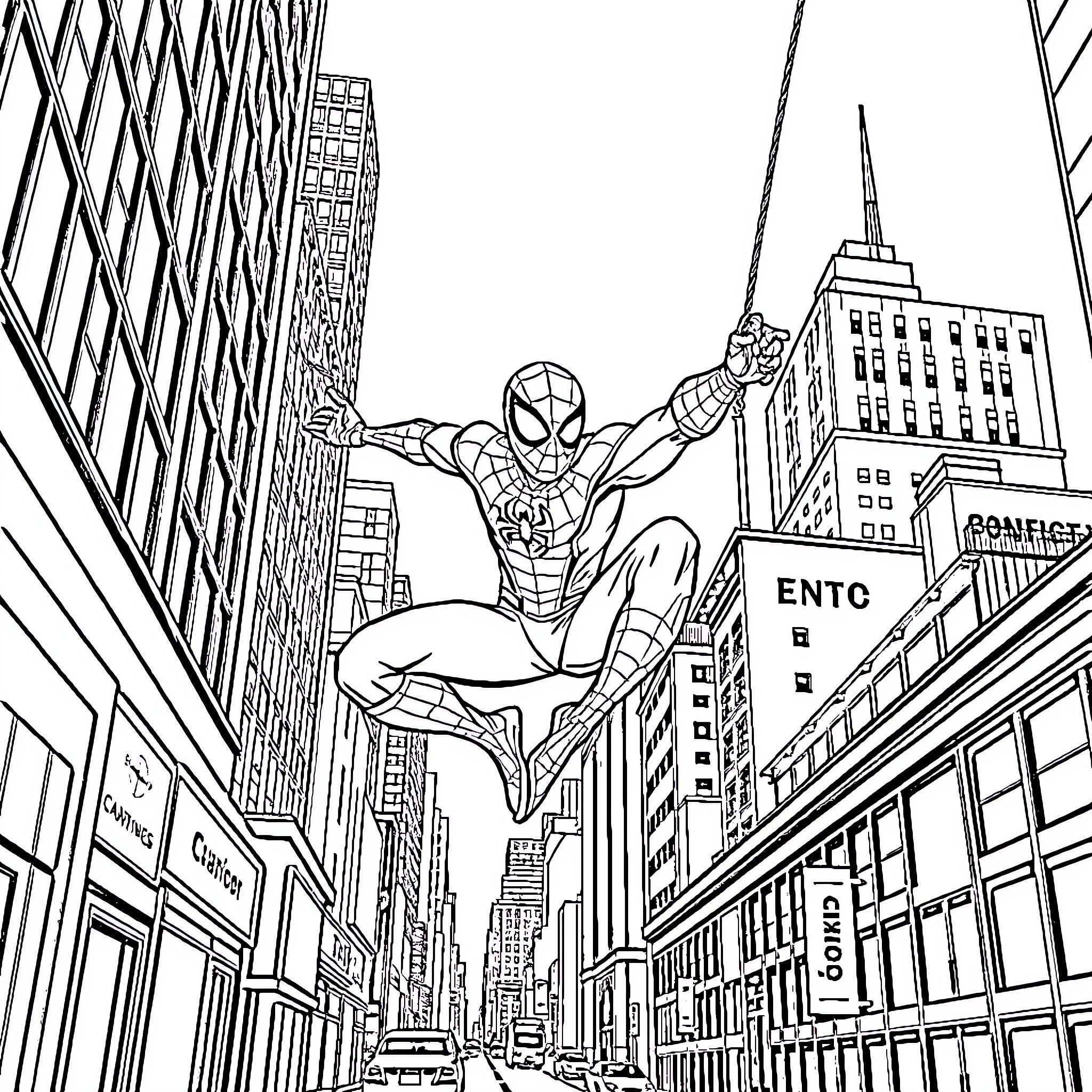 Spider-Man swinging through the city skyline Coloring Page (free black-and-white line drawing printable PDF for all, from beginners to advanced learners, including children, teens, adults, and seniors)