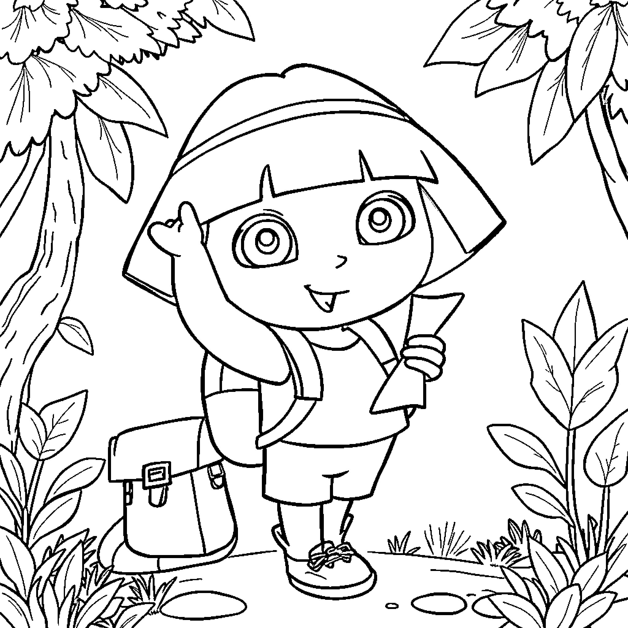 Dora holding a map and waving happily Coloring Page (free black-and-white line drawing printable PDF for all, from beginners to advanced learners, including children, teens, adults, and seniors)