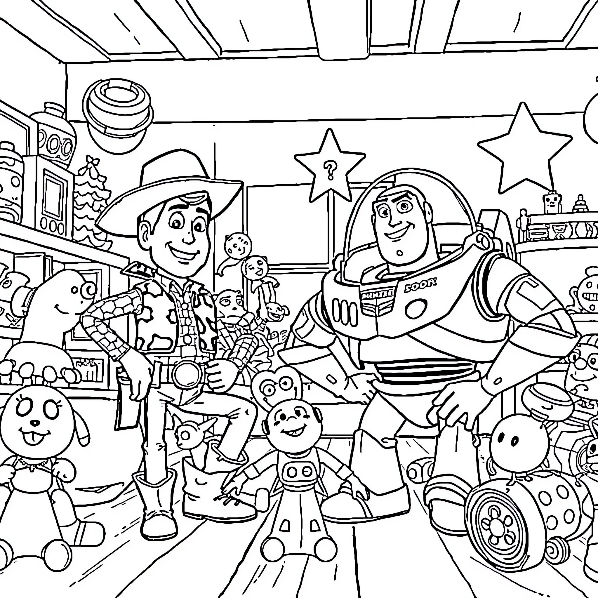 Toy Story characters in a playful adventure Coloring Page (free black-and-white line drawing printable PDF for all, from beginners to advanced learners, including children, teens, adults, and seniors)