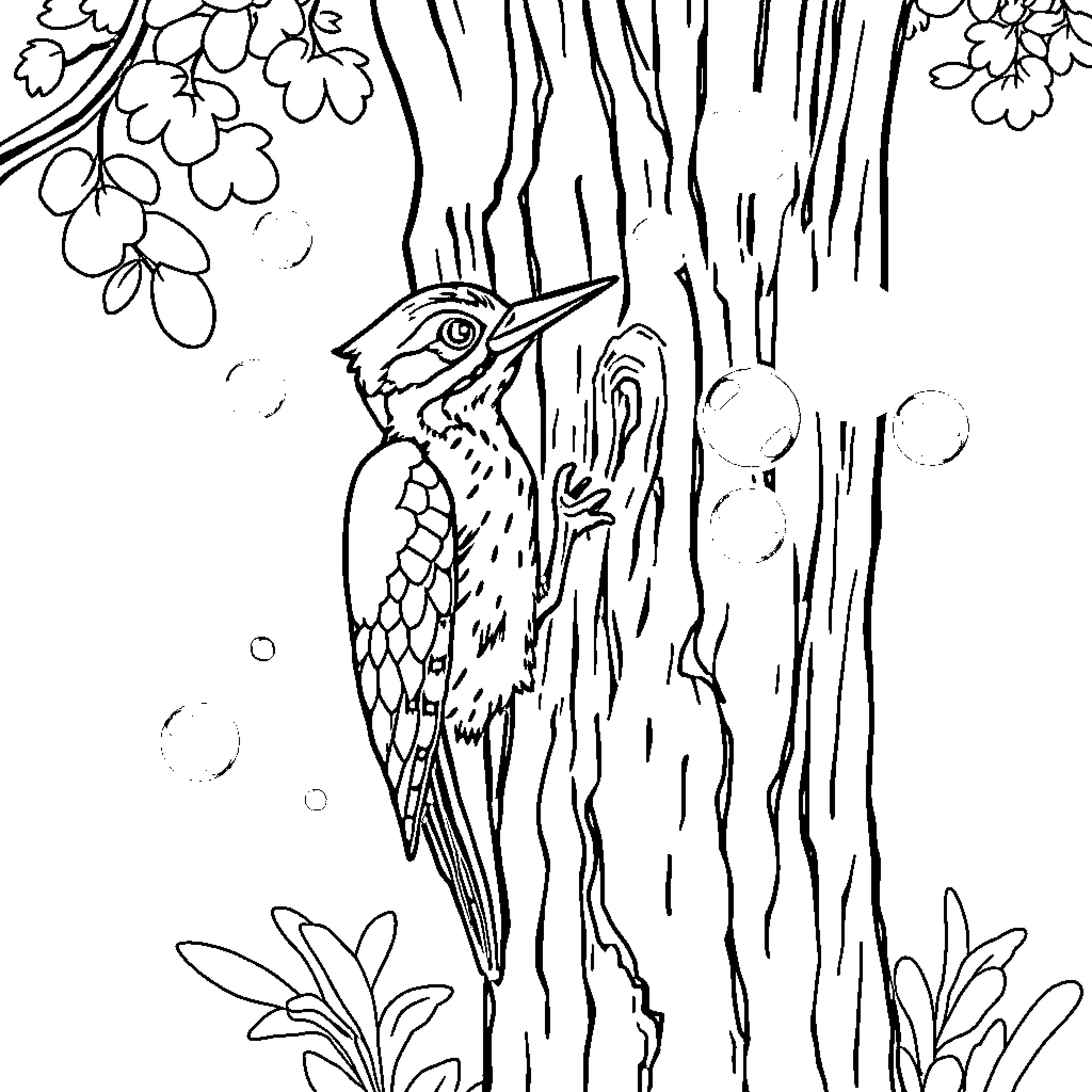 Woodpecker pecking intently on tree trunk Coloring Page (free black-and-white line drawing printable PDF for all, from beginners to advanced learners, including children, teens, adults, and seniors)