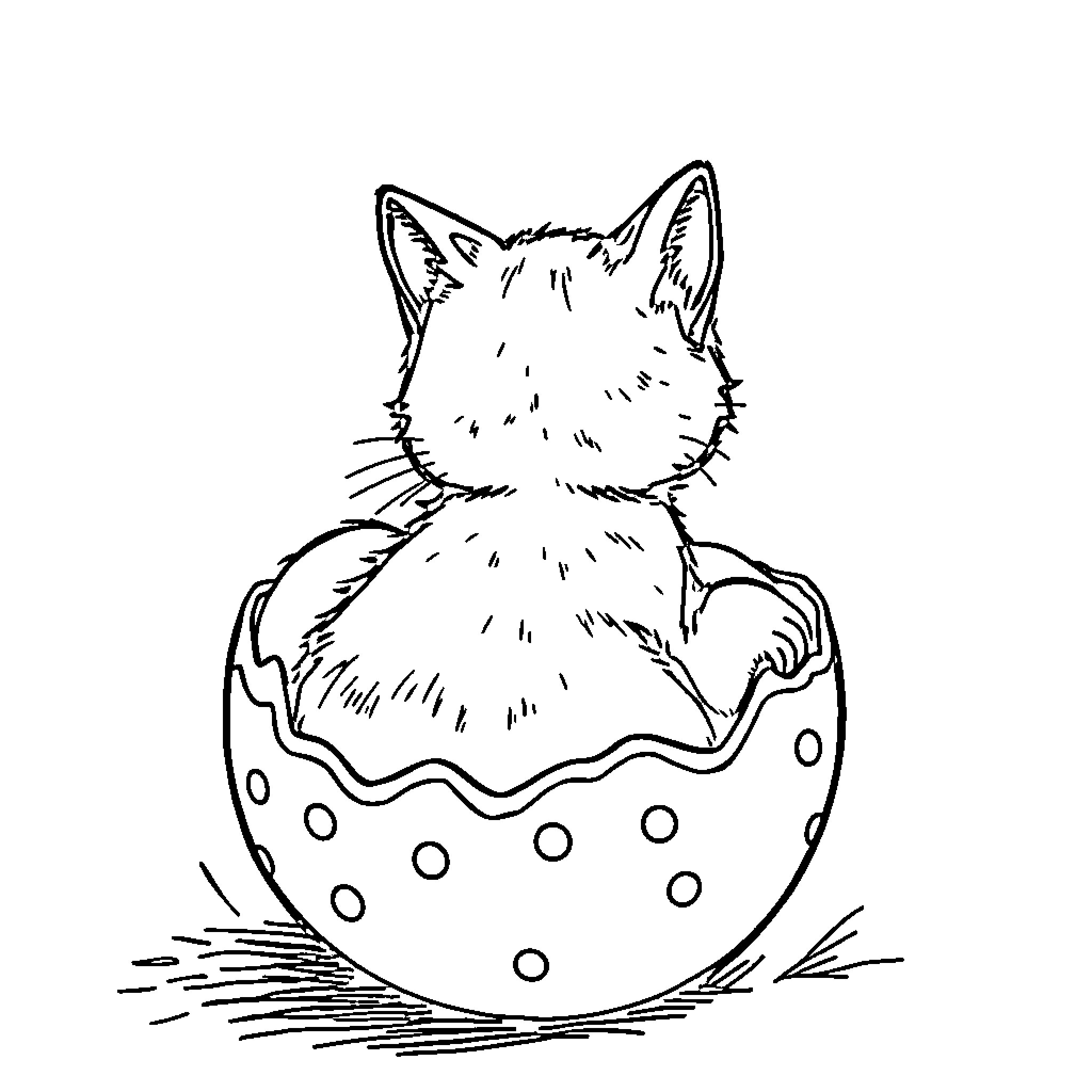 Cat sitting inside a decorative egg Coloring Page (free black-and-white line drawing printable PDF for all, from beginners to advanced learners, including children, teens, adults, and seniors)