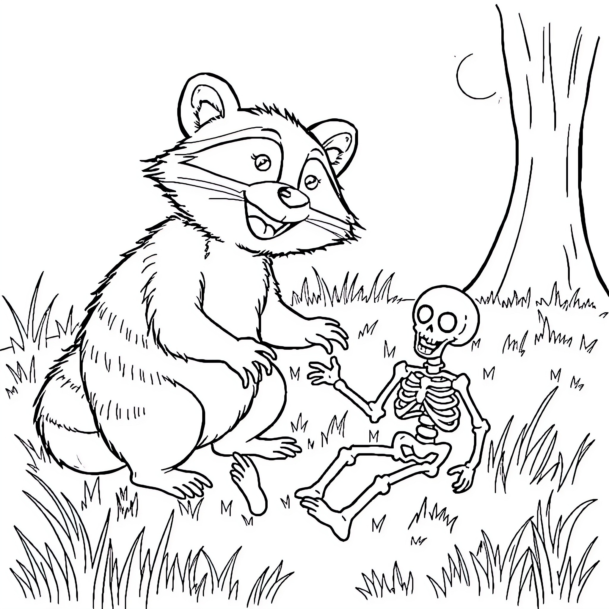 Raccoon and Skeleton Interacting in Nature Coloring Page (free black-and-white line drawing printable PDF for all, from beginners to advanced learners, including children, teens, adults, and seniors)