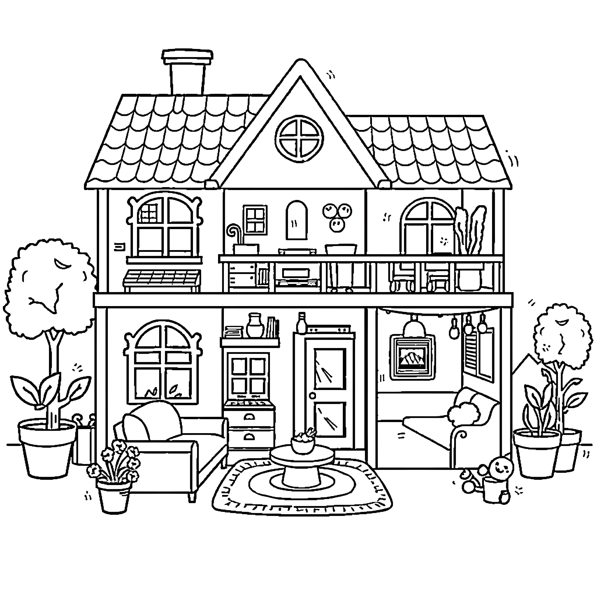 Dollhouse with detailed interior and exterior Coloring Page (free black-and-white line drawing printable PDF for all, from beginners to advanced learners, including children, teens, adults, and seniors)