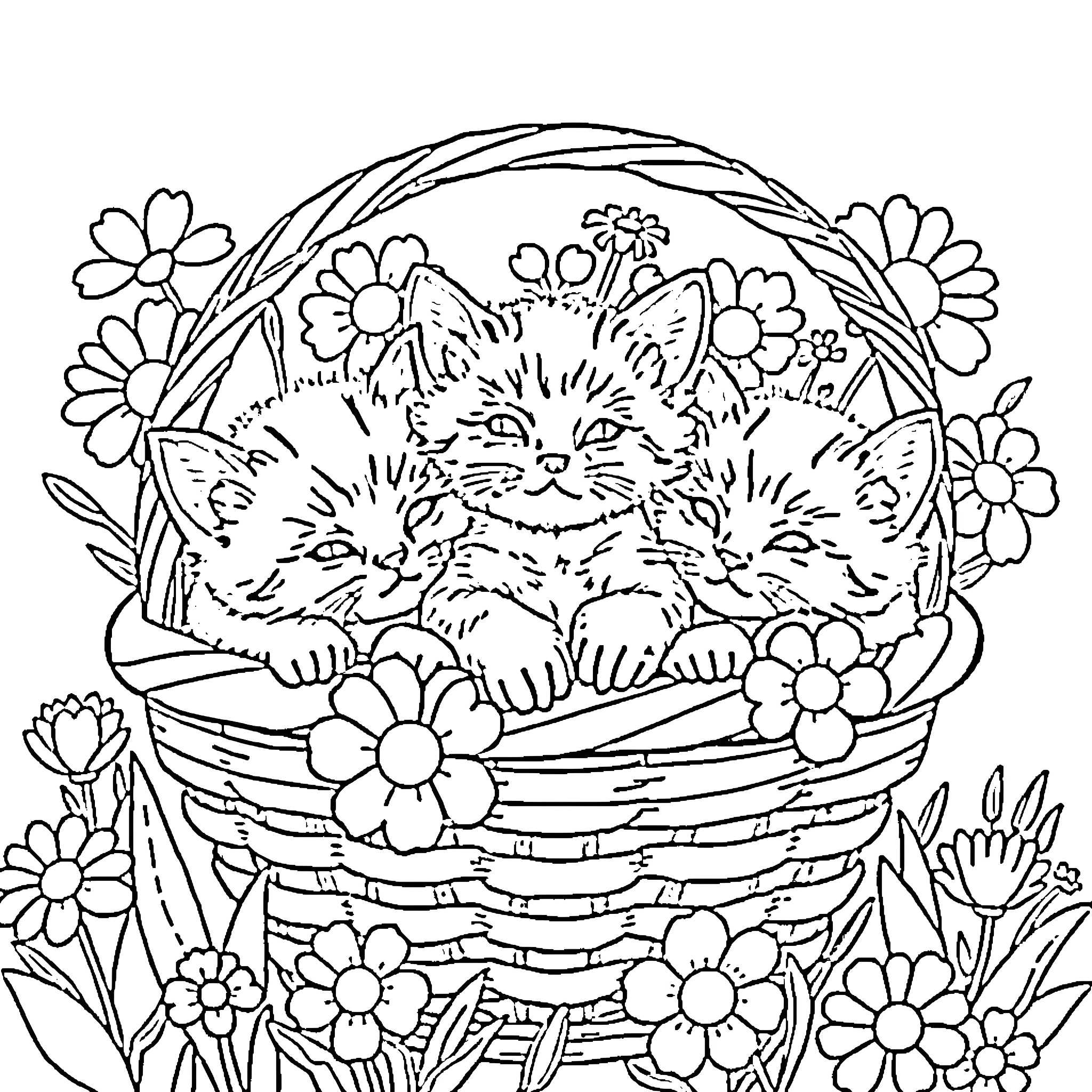 Kitten Nestled in a Floral Basket Coloring Page (free black-and-white line drawing printable PDF for all, from beginners to advanced learners, including children, teens, adults, and seniors)