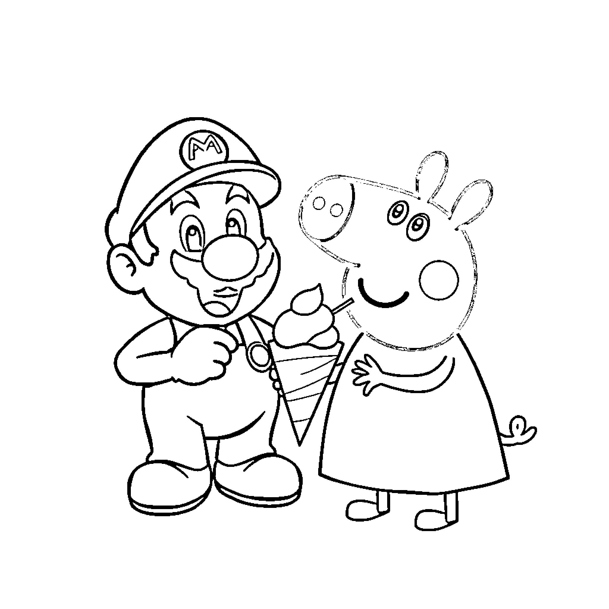 Super Mario's Ice Cream Adventure with Peppa Pig Coloring Page (free black-and-white line drawing printable PDF for all, from beginners to advanced learners, including children, teens, adults, and seniors)