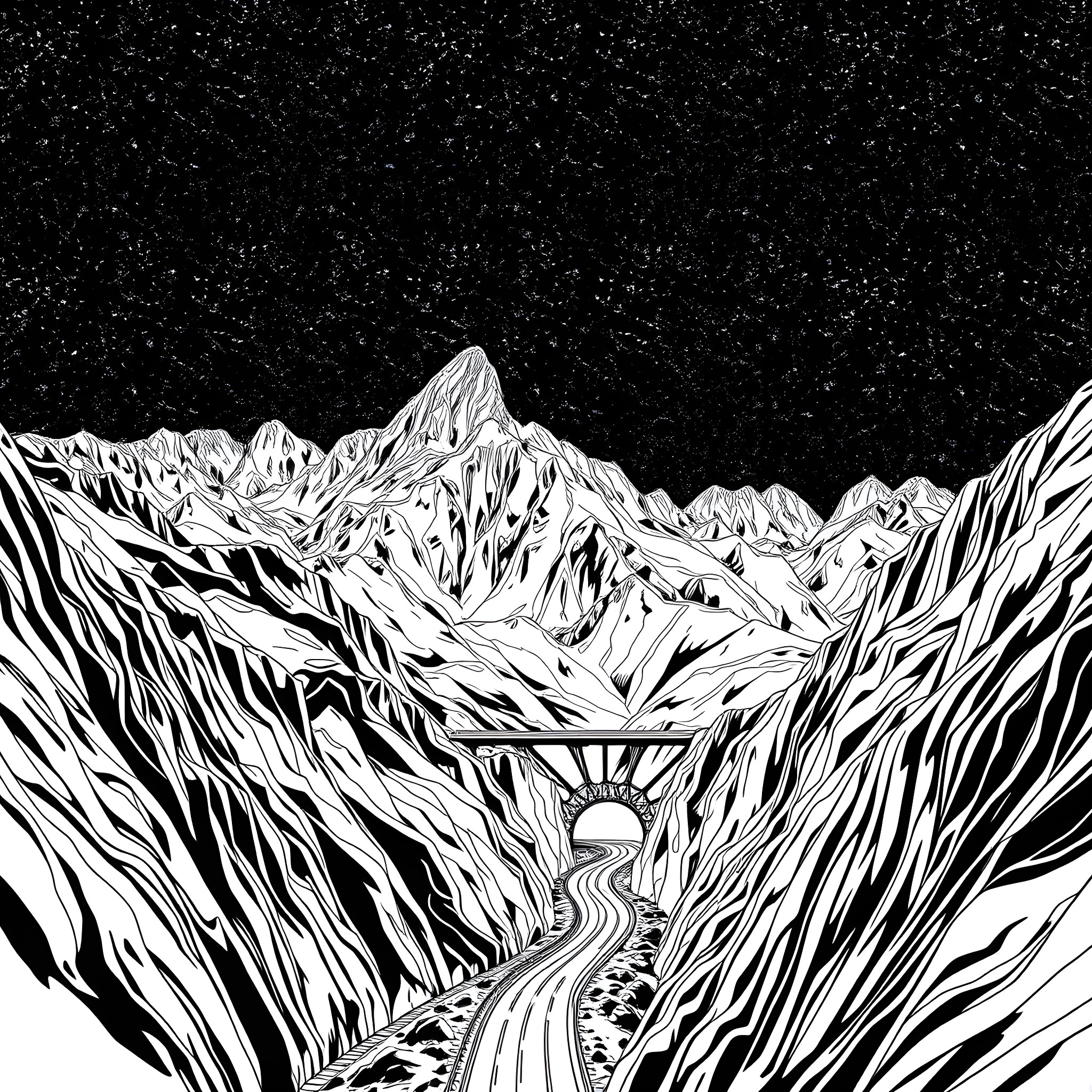 Mountain landscape with winding road at night Coloring Page (free black-and-white line drawing printable PDF for all, from beginners to advanced learners, including children, teens, adults, and seniors)