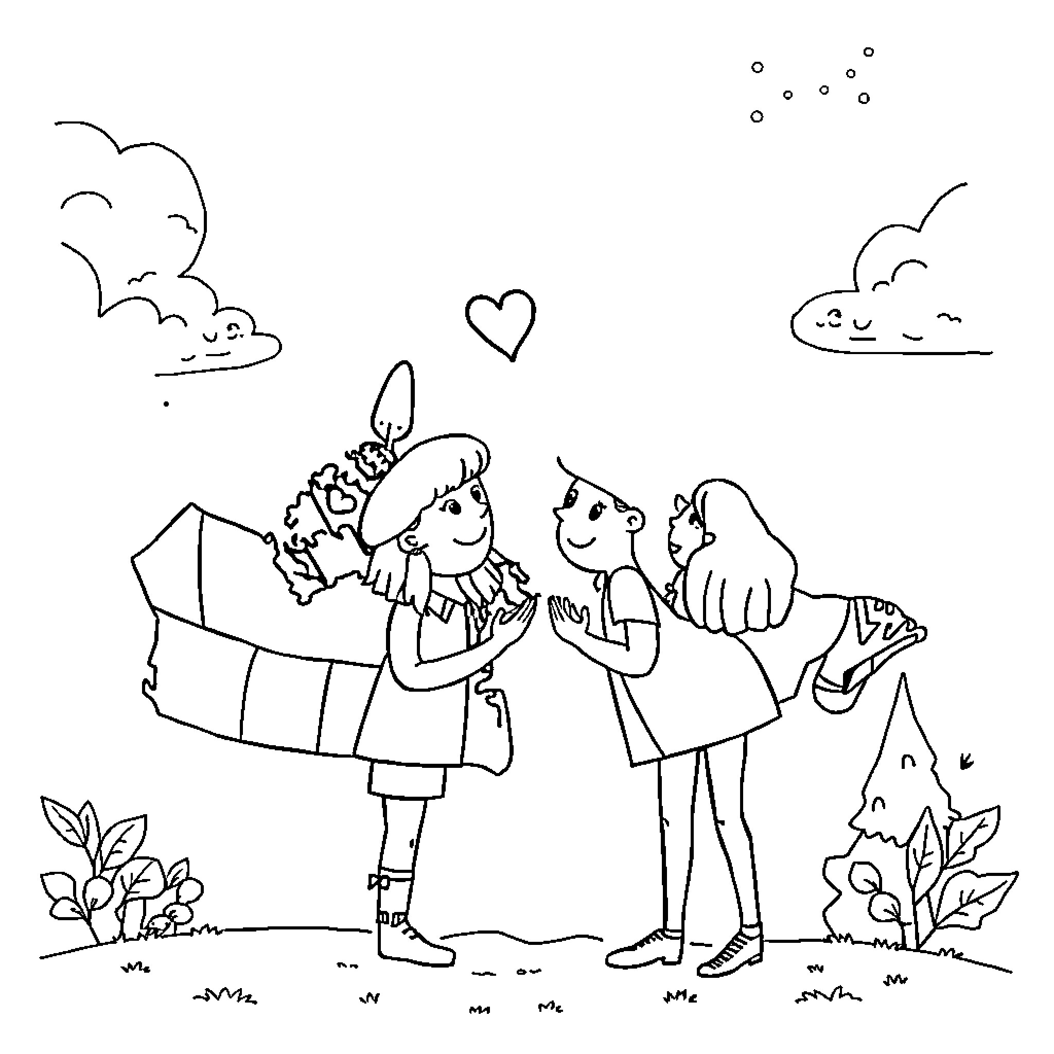 Province couple enjoying nature's embrace Coloring Page (free black-and-white line drawing printable PDF for all, from beginners to advanced learners, including children, teens, adults, and seniors)
