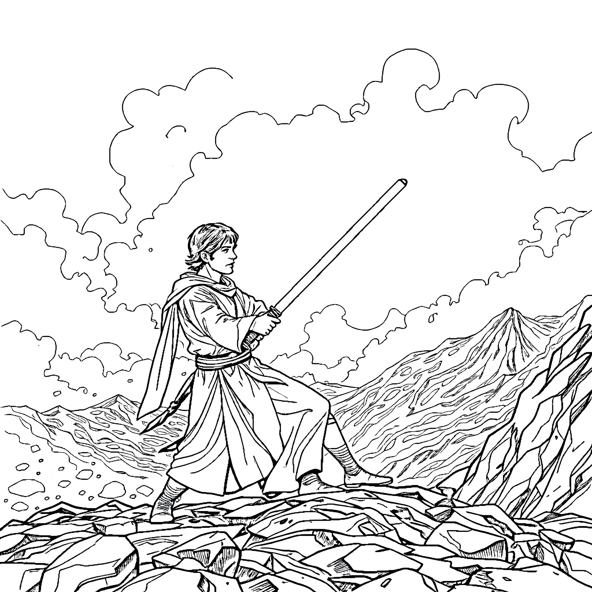 Obi-Wan's heroic stance amidst the rugged terrain Coloring Page (free black-and-white line drawing printable PDF for all, from beginners to advanced learners, including children, teens, adults, and seniors)