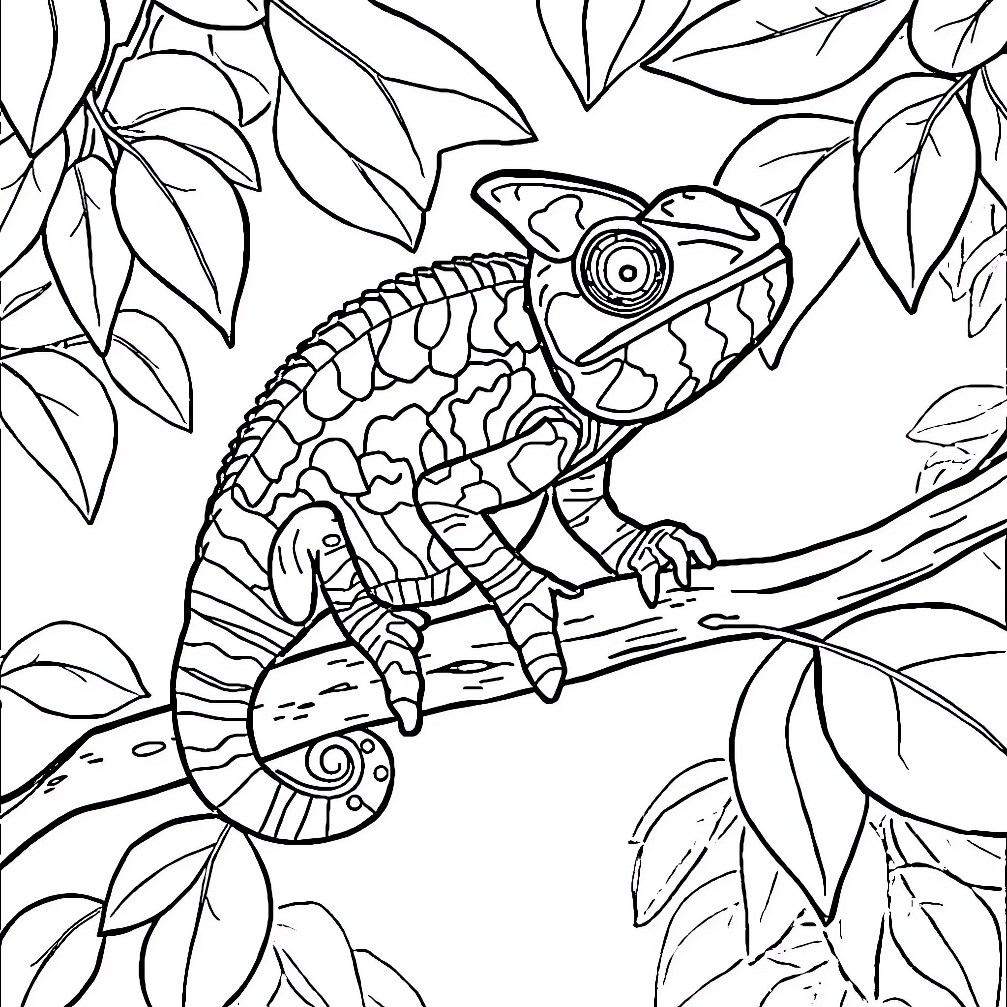 Chameleon exploring the lush foliage Coloring Page (free black-and-white line drawing printable PDF for all, from beginners to advanced learners, including children, teens, adults, and seniors)