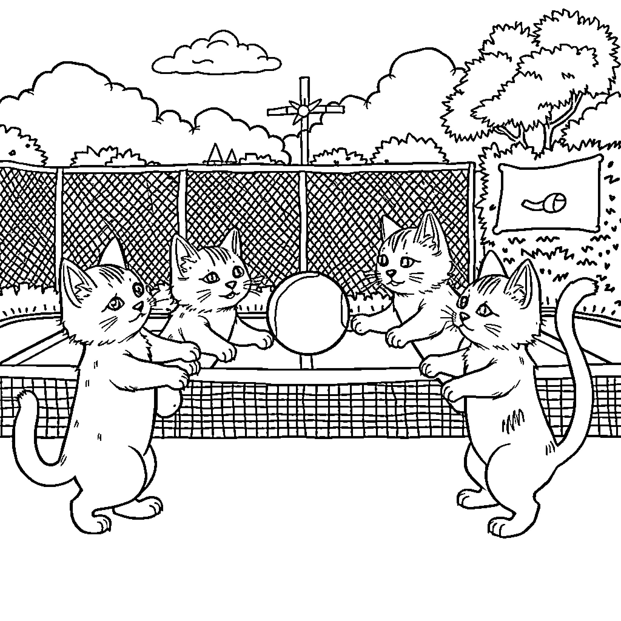 Cat Tennis Match in Outdoor Court Coloring Page (free black-and-white line drawing printable PDF for all, from beginners to advanced learners, including children, teens, adults, and seniors)