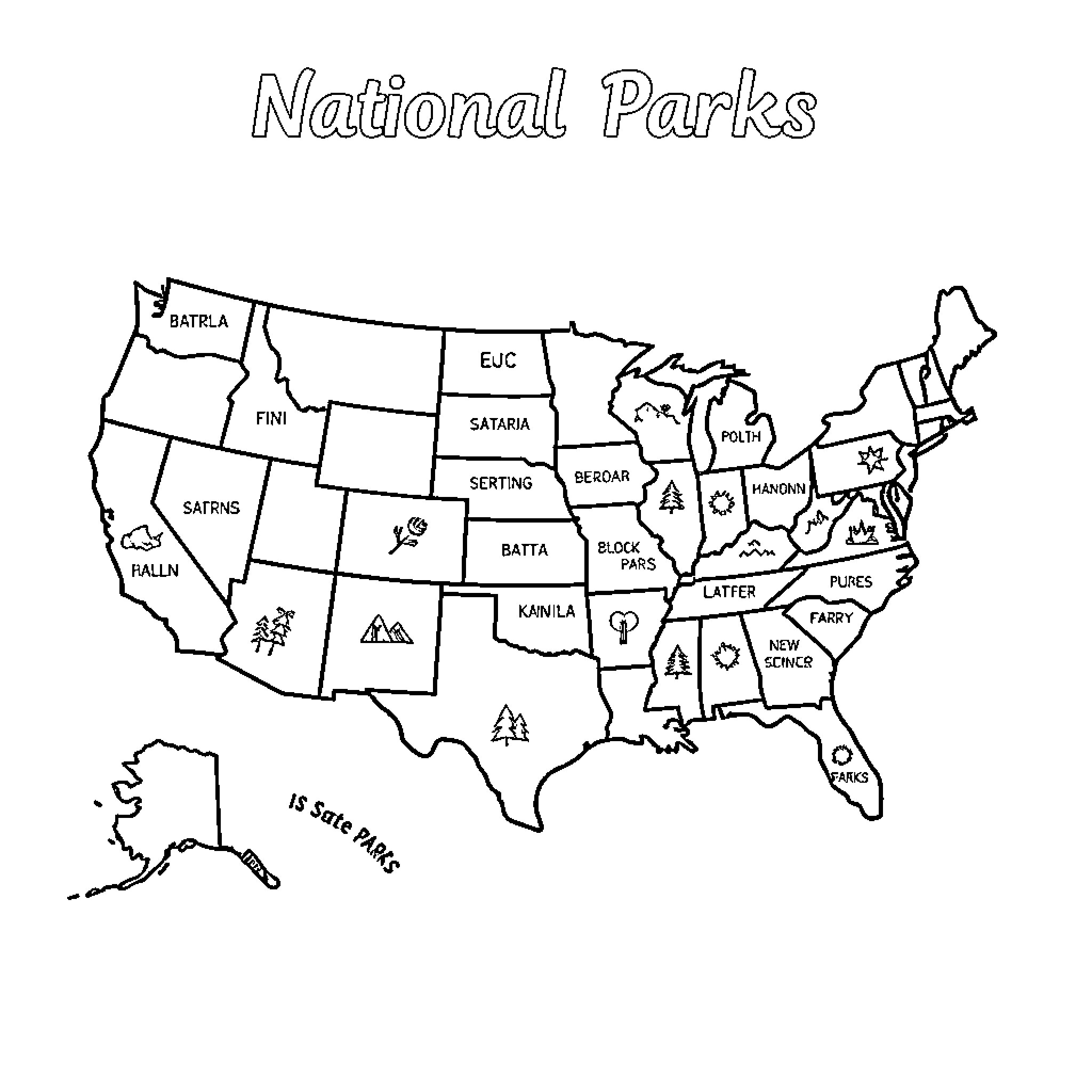 Map of National Parks in the United States Coloring Page (free black-and-white line drawing printable PDF for all, from beginners to advanced learners, including children, teens, adults, and seniors)
