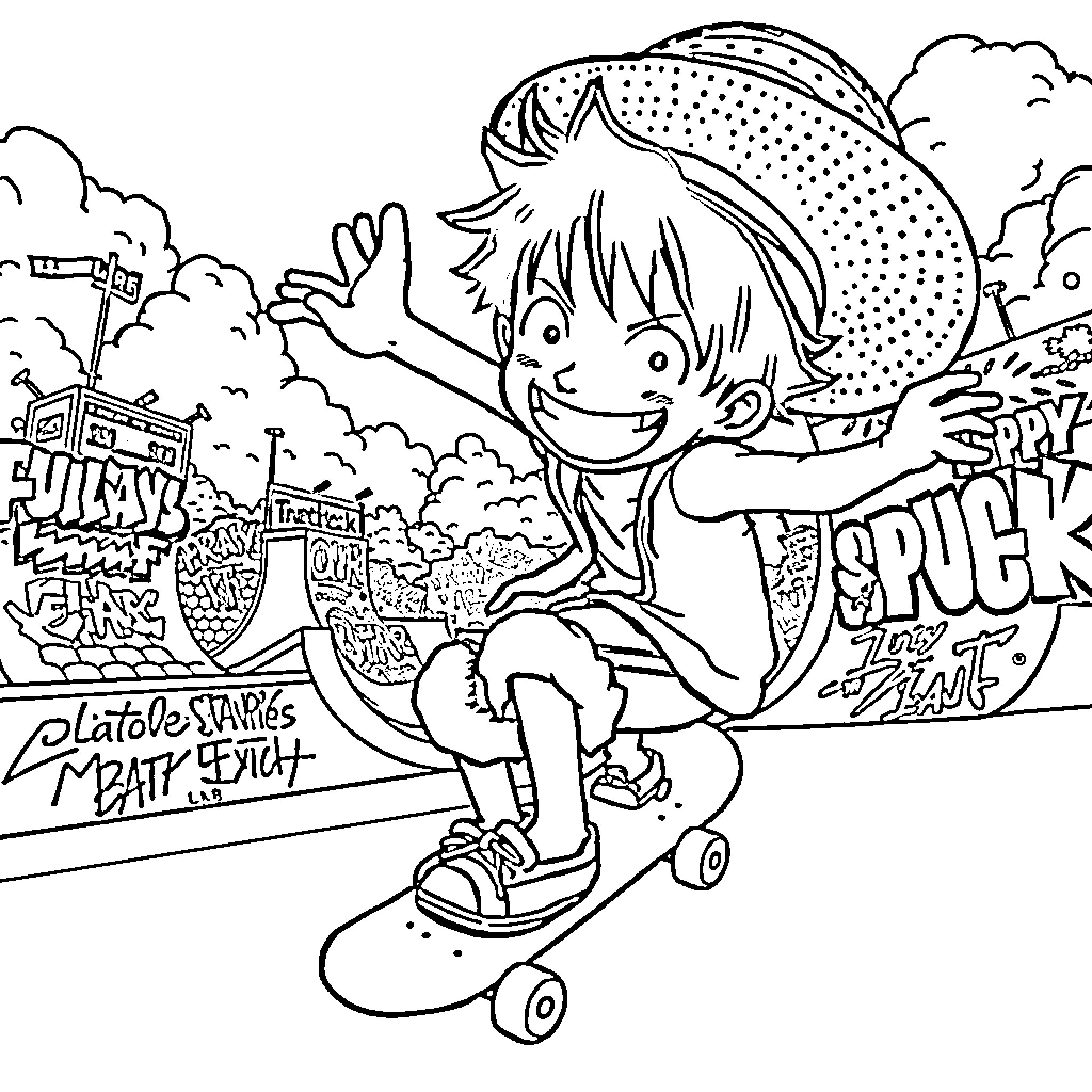 Luffy skateboarding excitedly through the city Coloring Page (free black-and-white line drawing printable PDF for all, from beginners to advanced learners, including children, teens, adults, and seniors)