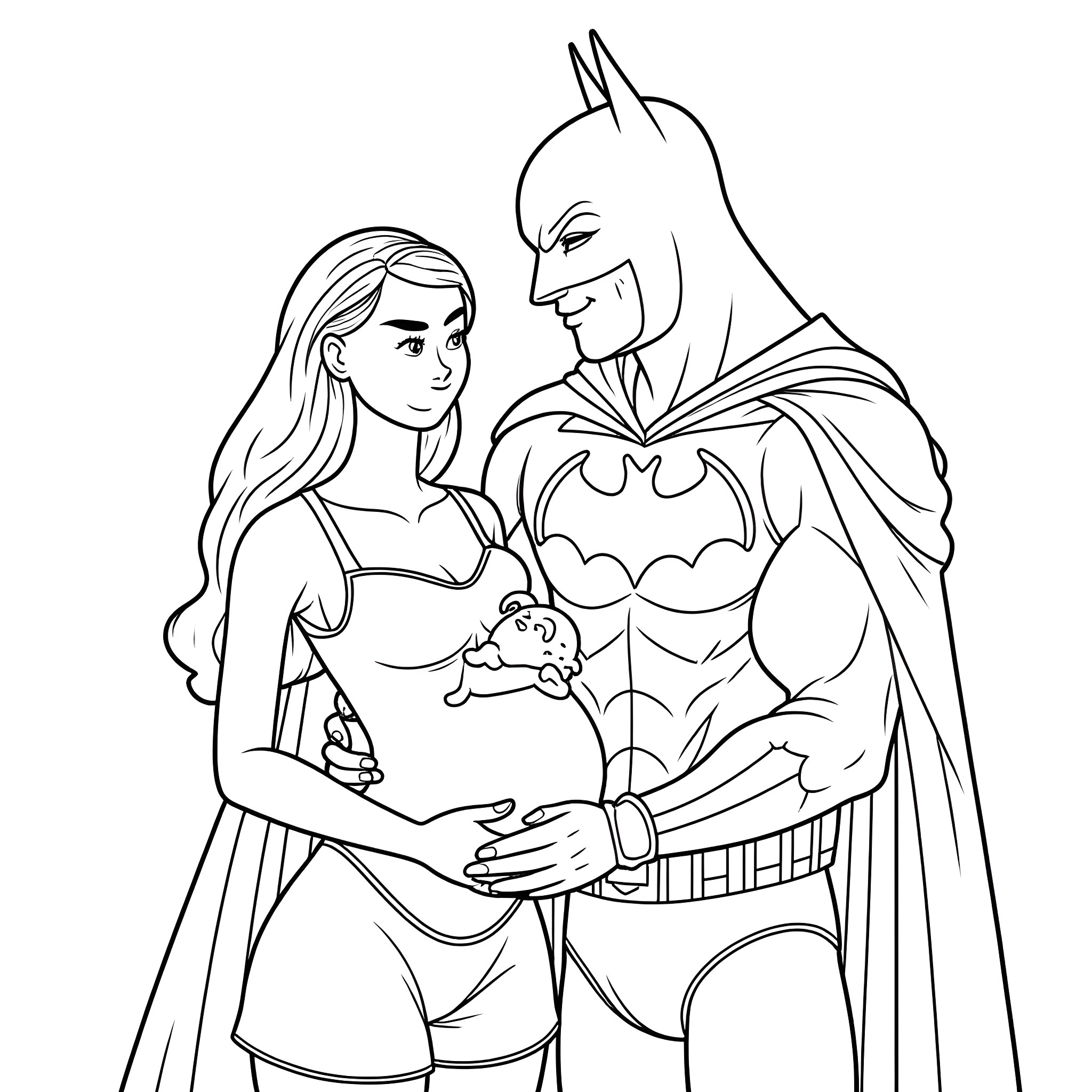 Barbie and Batman in romantic embrace Coloring Page (free black-and-white line drawing printable PDF for all, from beginners to advanced learners, including children, teens, adults, and seniors)