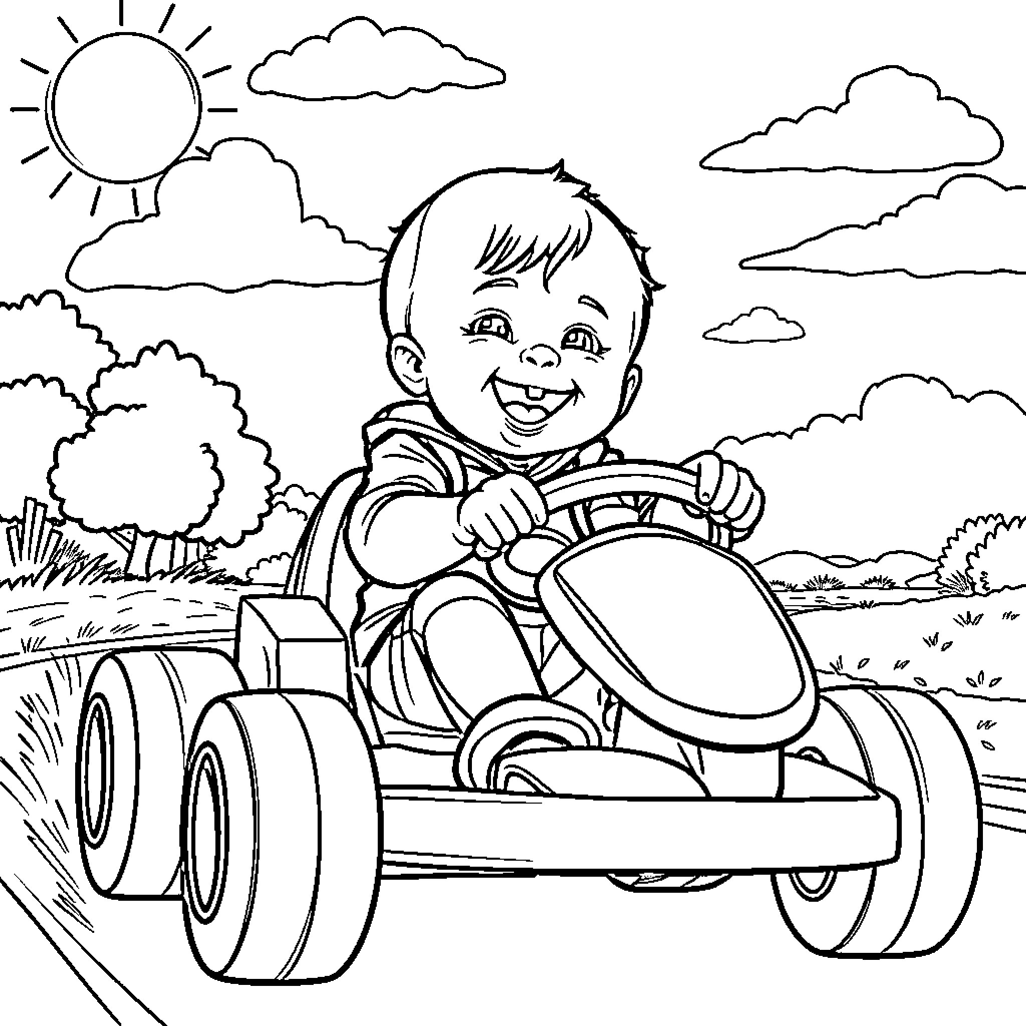 Baby happily driving toy car on sunny day Coloring Page (free black-and-white line drawing printable PDF for all, from beginners to advanced learners, including children, teens, adults, and seniors)