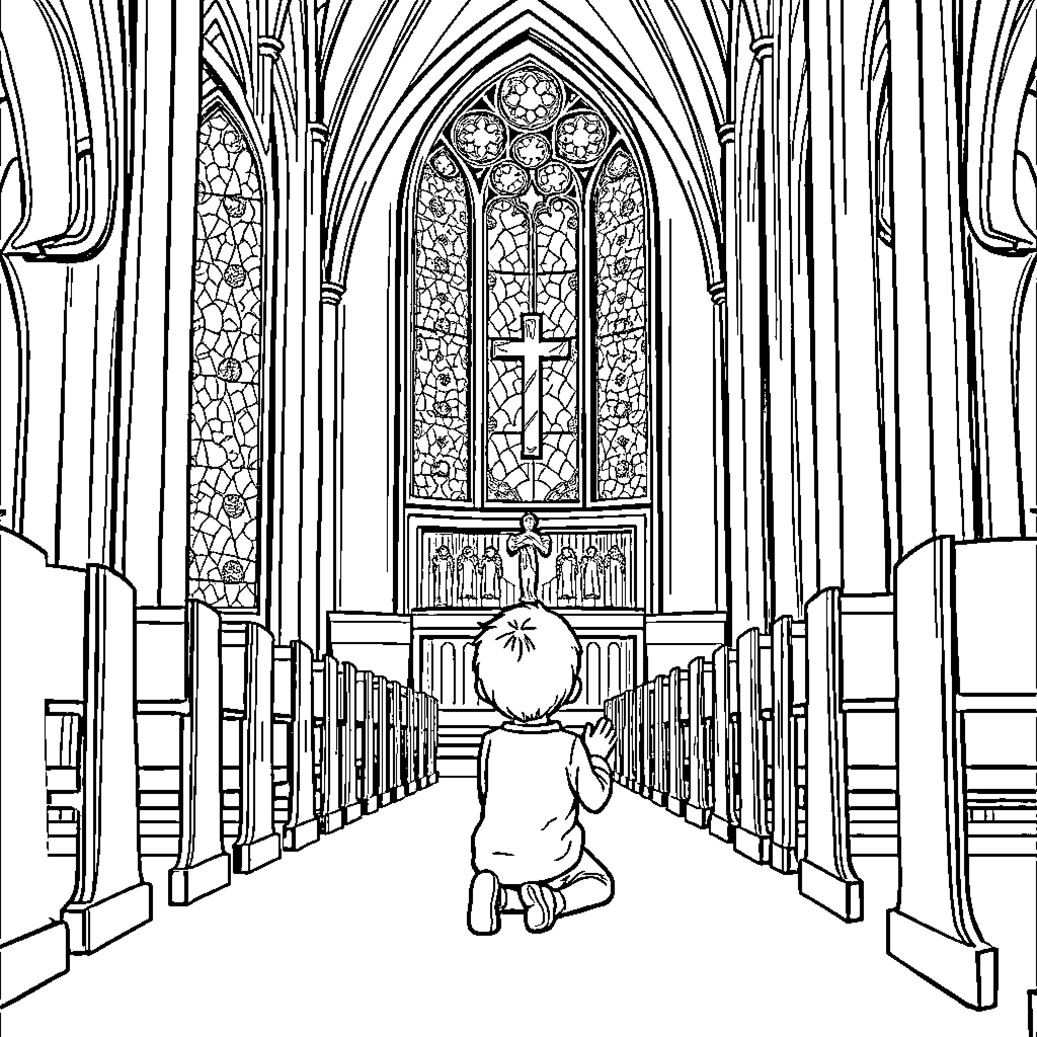 Kid exploring the interior of a cathedral Coloring Page (free black-and-white line drawing printable PDF for all, from beginners to advanced learners, including children, teens, adults, and seniors)