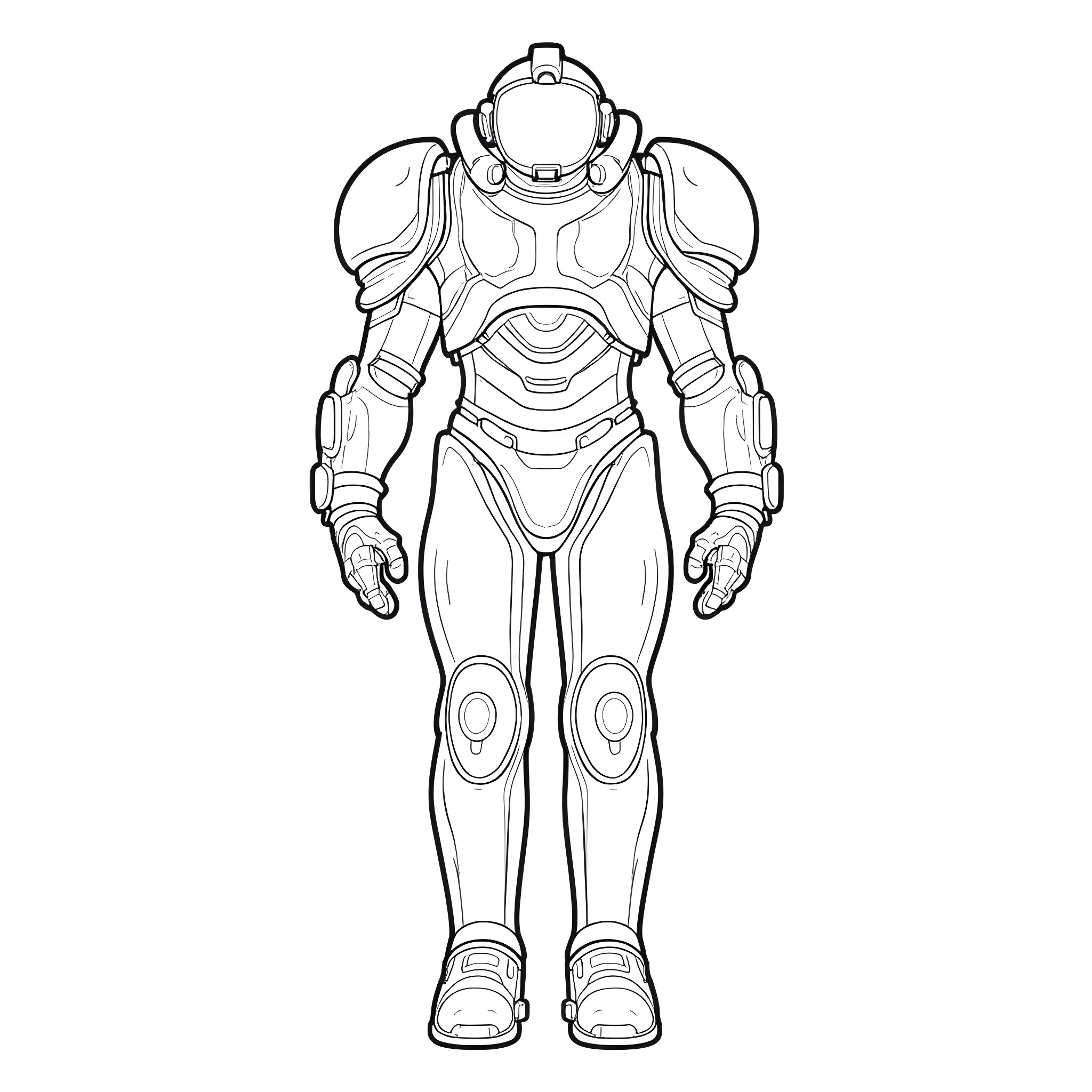 Power Armor - Futuristic Robotic Suit Coloring Page (free black-and-white line drawing printable PDF for all, from beginners to advanced learners, including children, teens, adults, and seniors)