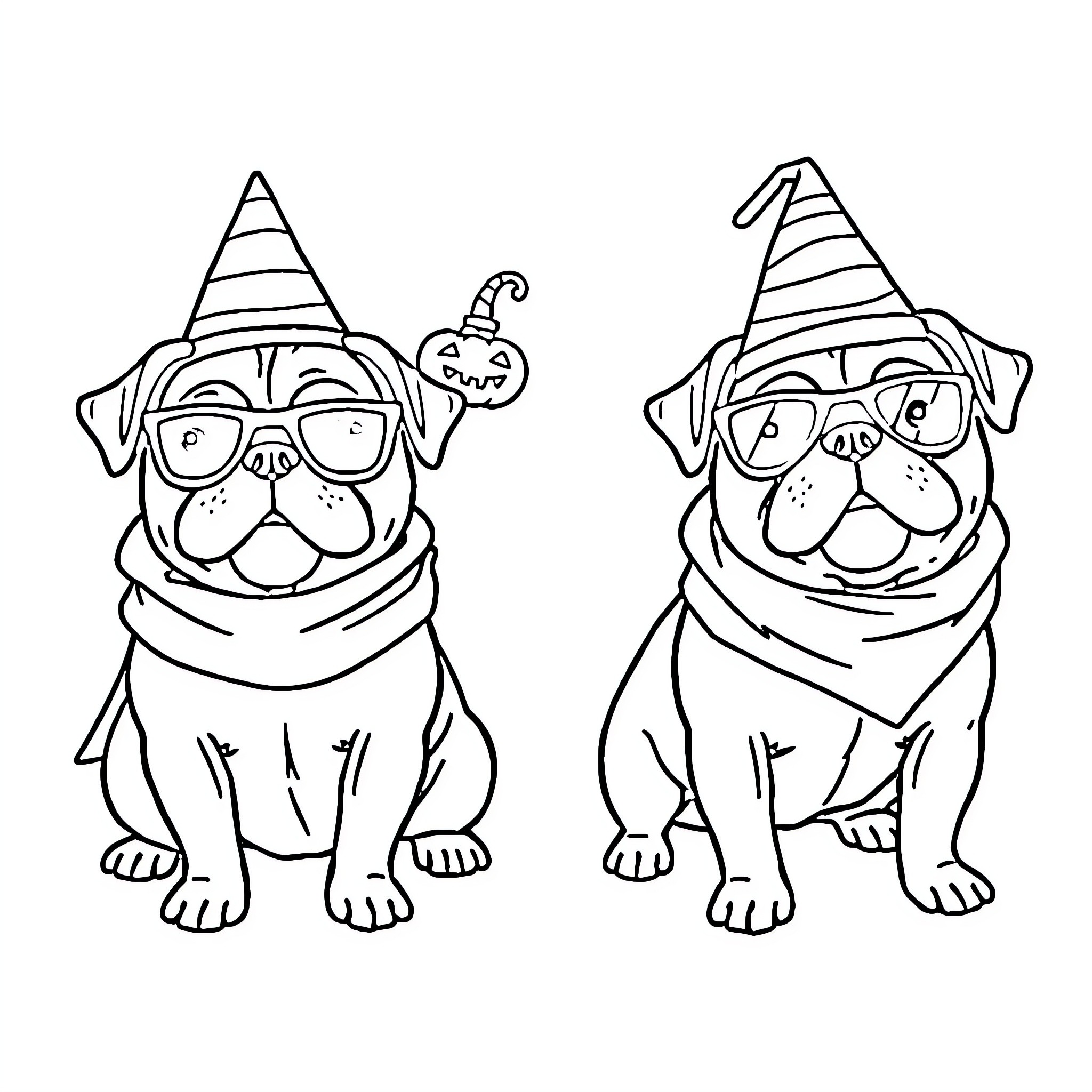 Pug friends celebrating in party hats Coloring Page (free black-and-white line drawing printable PDF for all, from beginners to advanced learners, including children, teens, adults, and seniors)