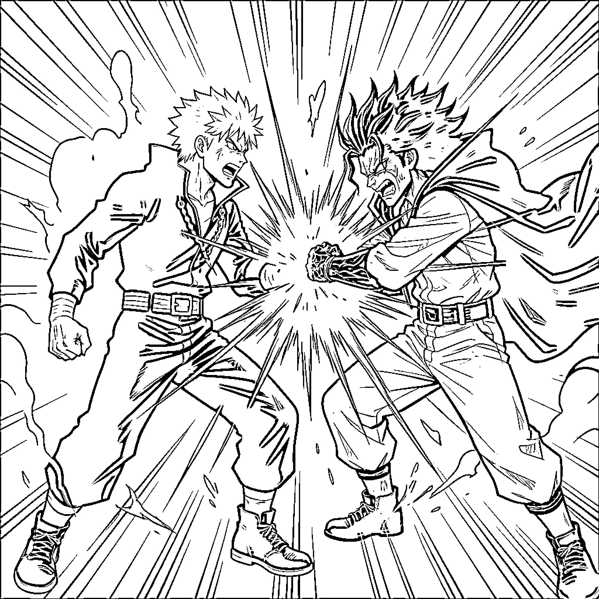 Satoru Gojo's intense battle with a powerful opponent Coloring Page (free black-and-white line drawing printable PDF for all, from beginners to advanced learners, including children, teens, adults, and seniors)