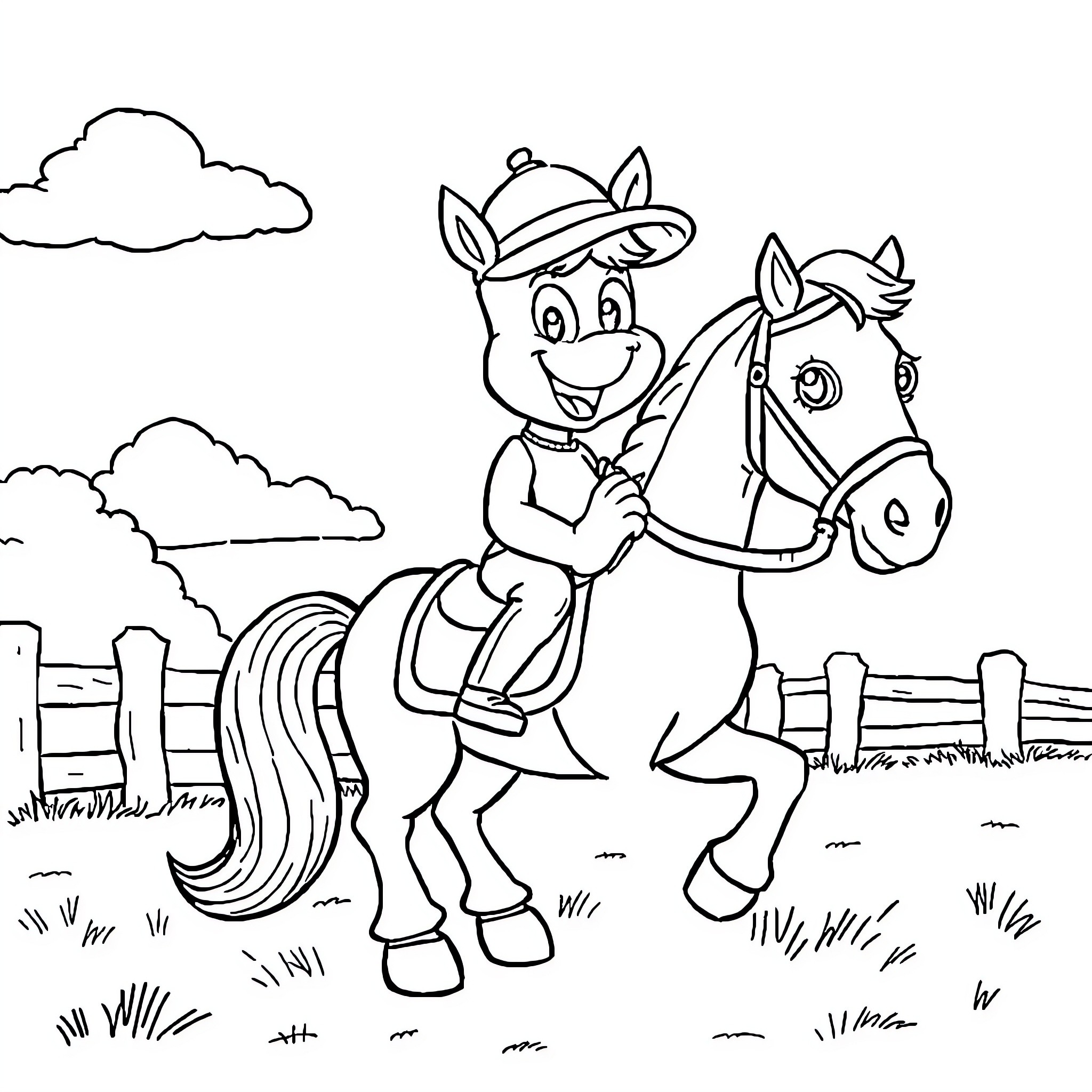 Bluey riding a horse in the countryside Coloring Page (free black-and-white line drawing printable PDF for all, from beginners to advanced learners, including children, teens, adults, and seniors)