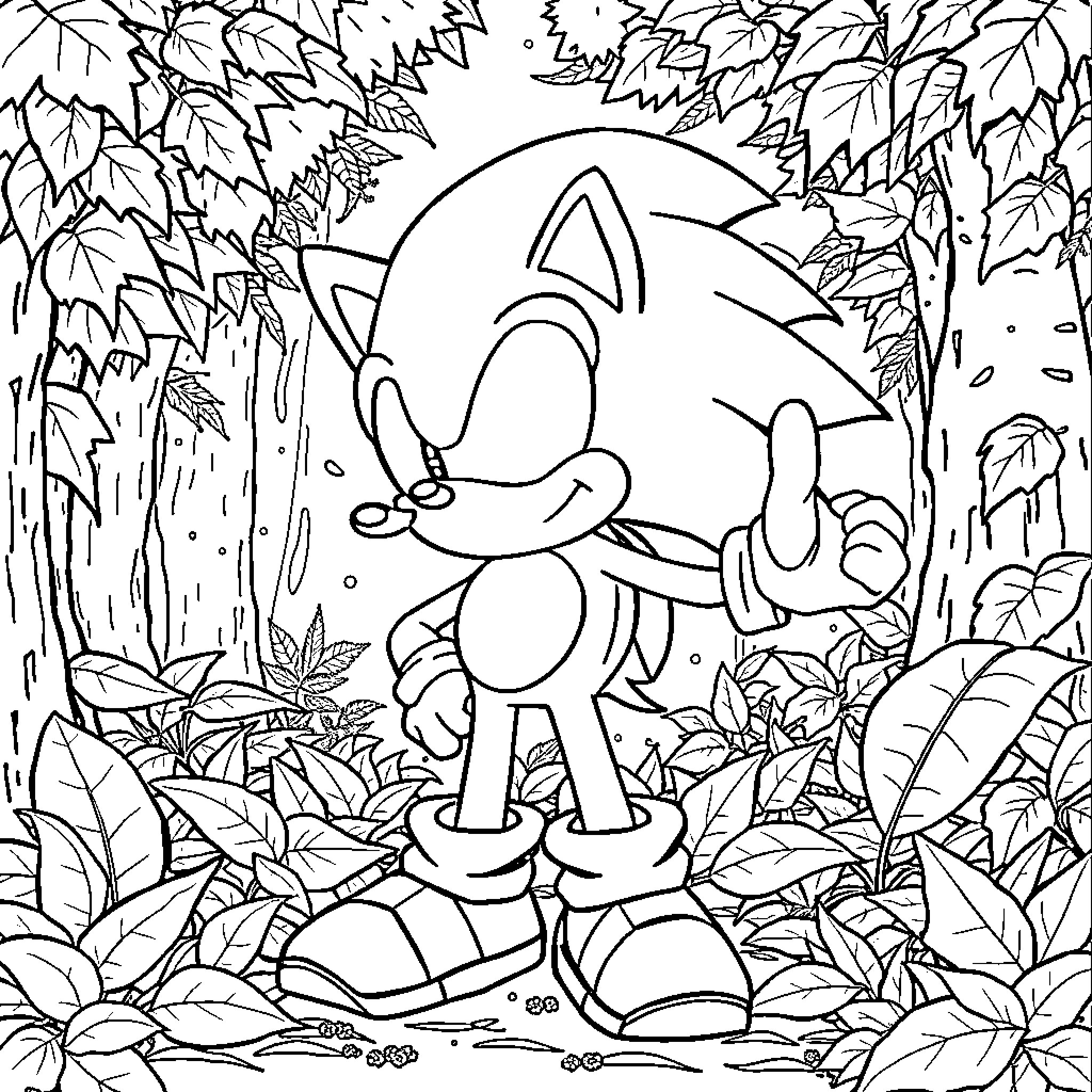 Sonic exploring the lush forest landscape Coloring Page (free black-and-white line drawing printable PDF for all, from beginners to advanced learners, including children, teens, adults, and seniors)