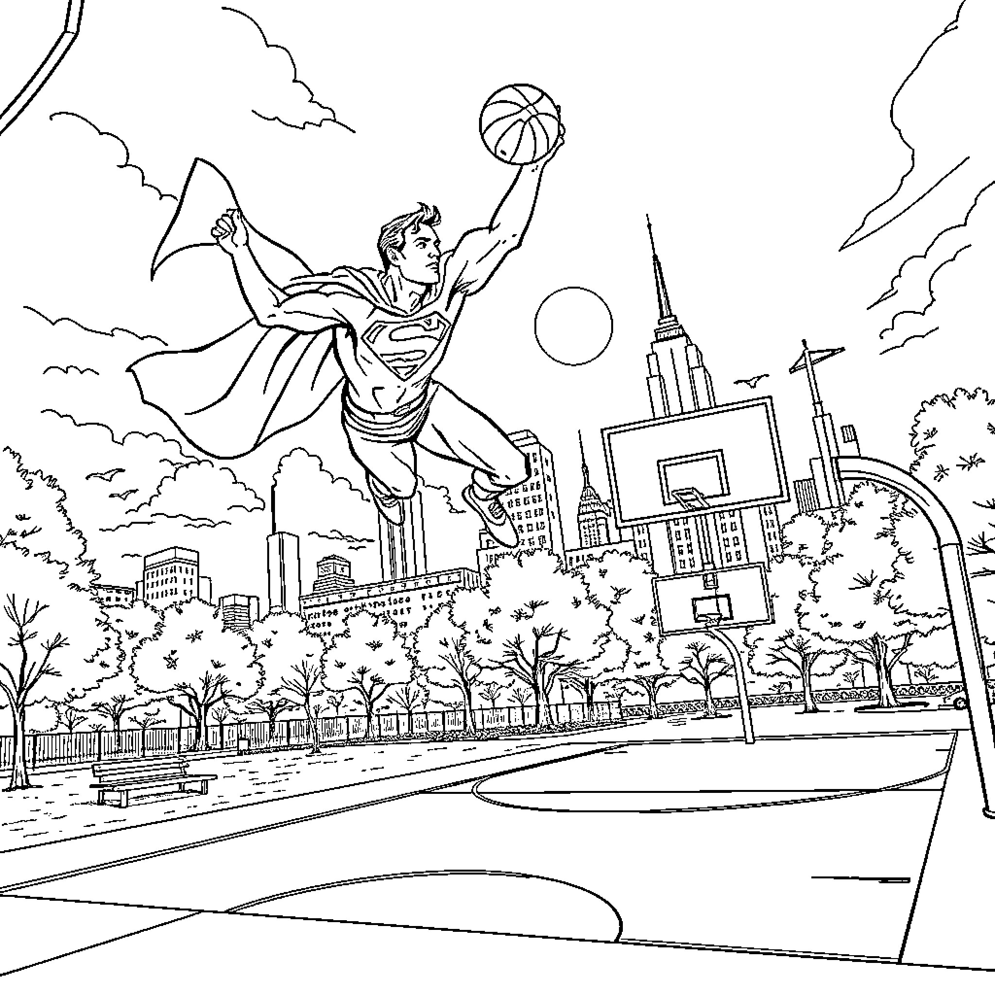Superman soaring over the city skyline Coloring Page (free black-and-white line drawing printable PDF for all, from beginners to advanced learners, including children, teens, adults, and seniors)