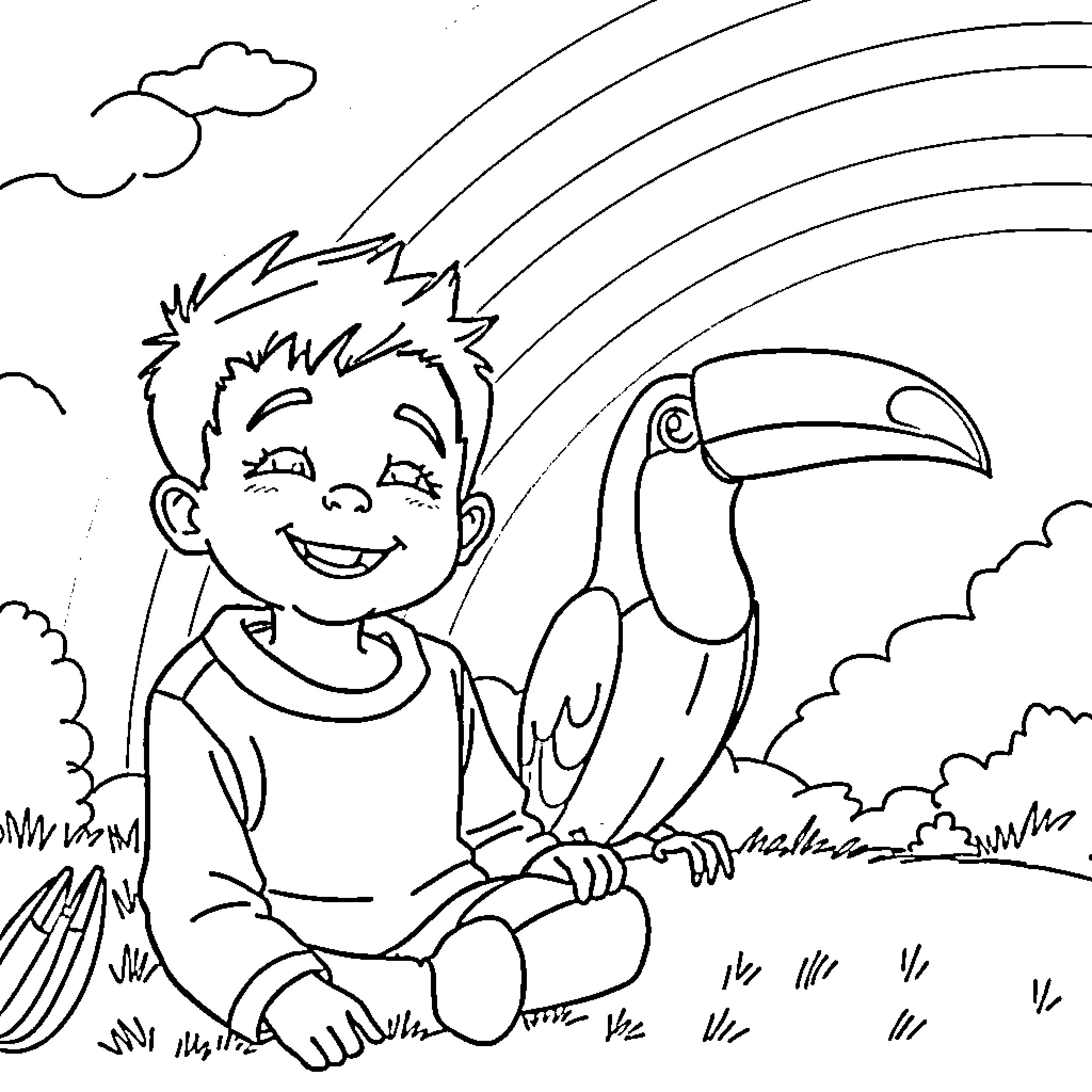 Ethan's Fun Adventure with Toucan in the Forest Coloring Page (free black-and-white line drawing printable PDF for all, from beginners to advanced learners, including children, teens, adults, and seniors)