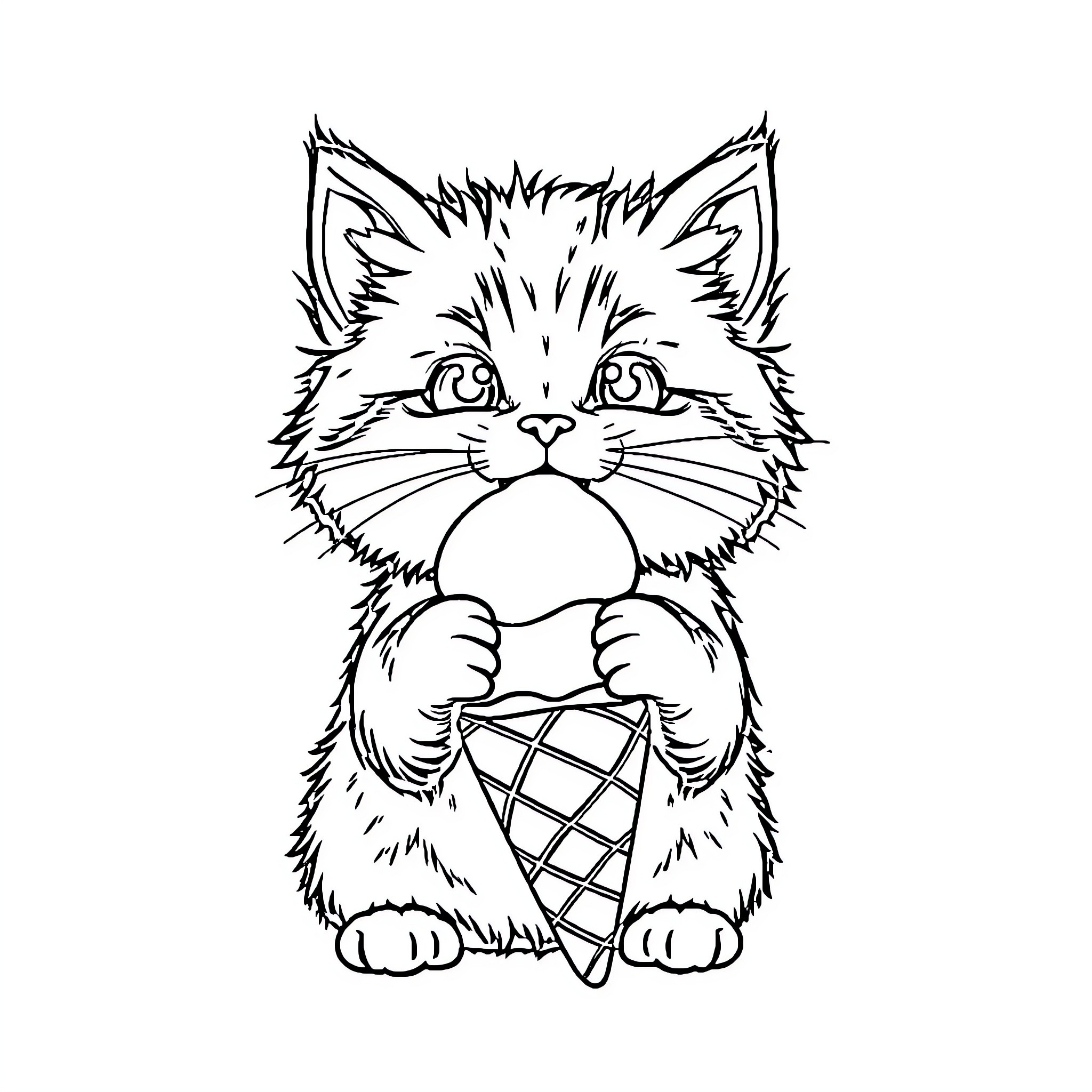 Kitty enjoying a frozen treat Coloring Page (free black-and-white line drawing printable PDF for all, from beginners to advanced learners, including children, teens, adults, and seniors)
