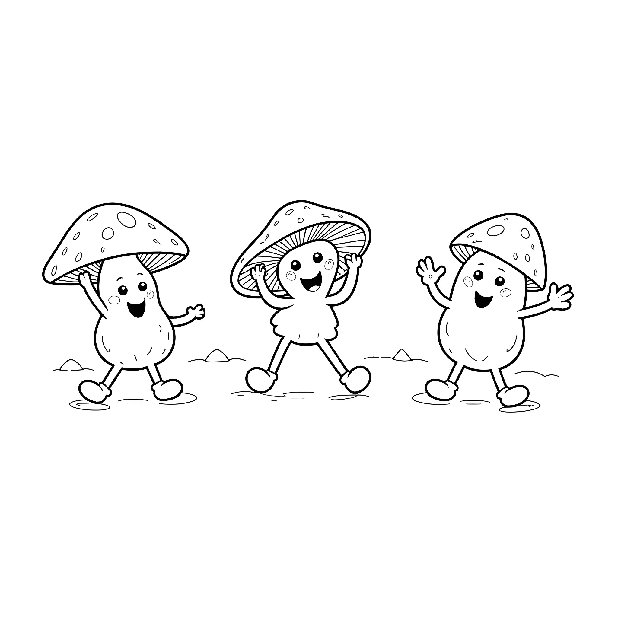 Mushroom characters playing and dancing happily Coloring Page (free black-and-white line drawing printable PDF for all, from beginners to advanced learners, including children, teens, adults, and seniors)