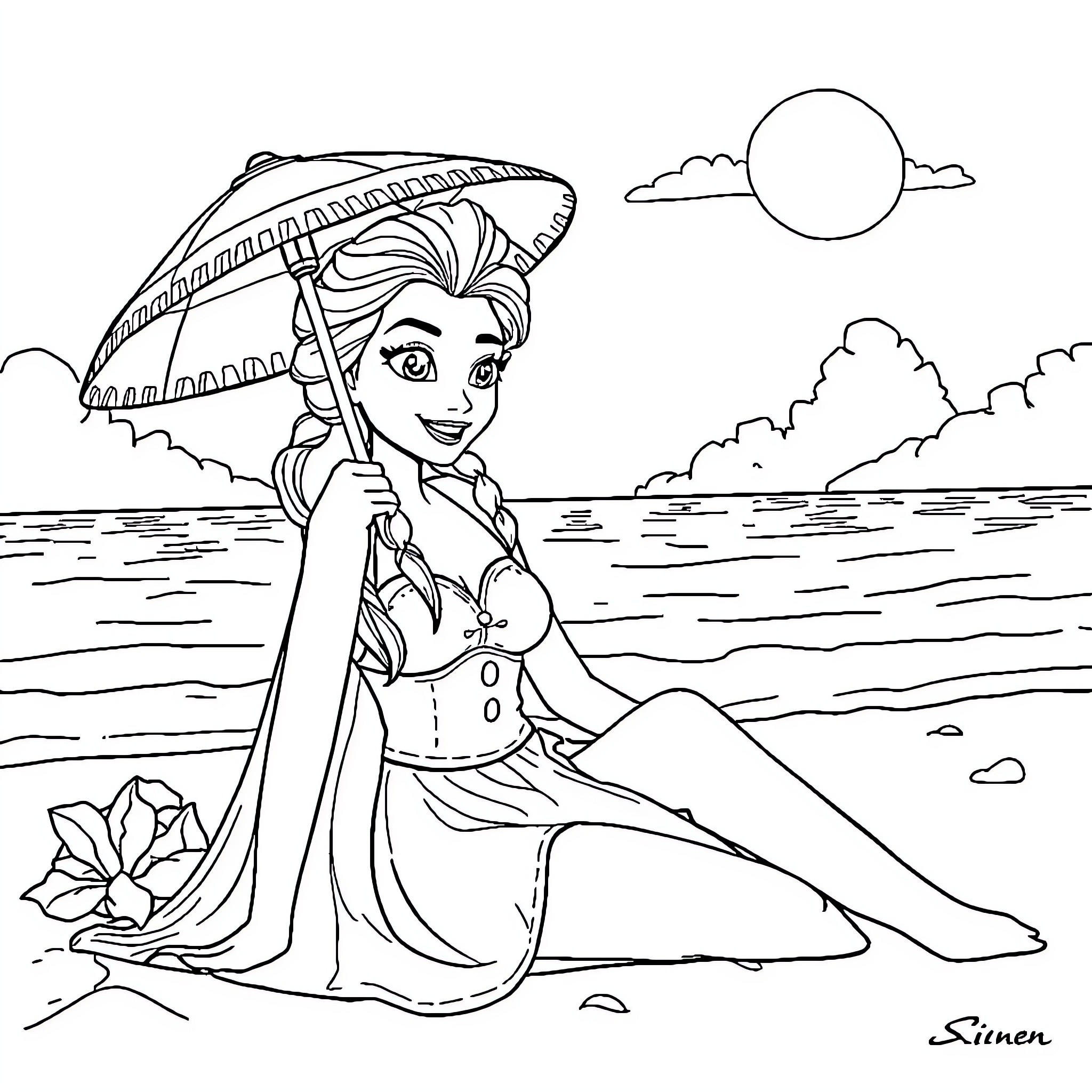 Elsa enjoying a sunny day at the beach Coloring Page (free black-and-white line drawing printable PDF for all, from beginners to advanced learners, including children, teens, adults, and seniors)