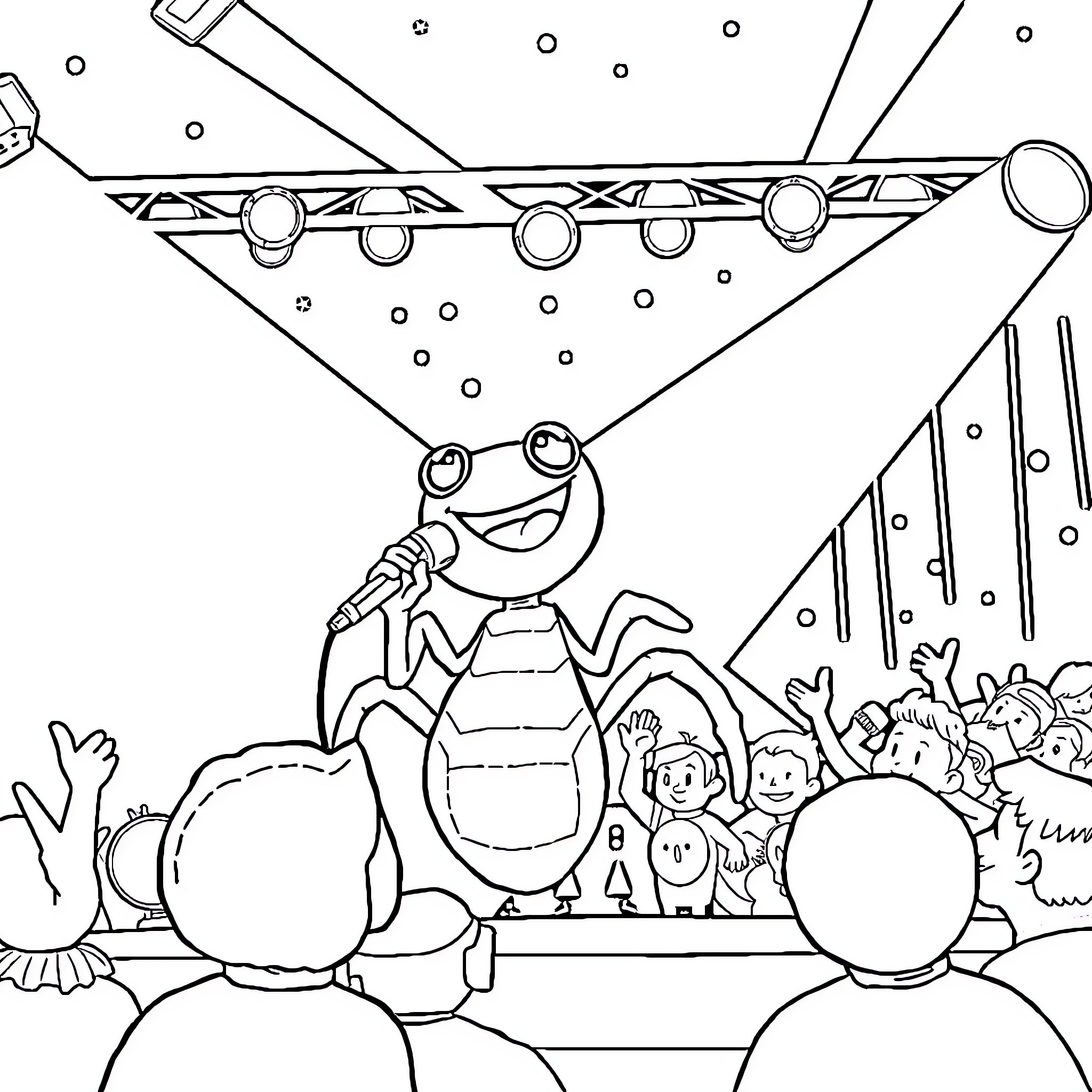 Lucas the Frog Entertains the Crowd Coloring Page (free black-and-white line drawing printable PDF for all, from beginners to advanced learners, including children, teens, adults, and seniors)